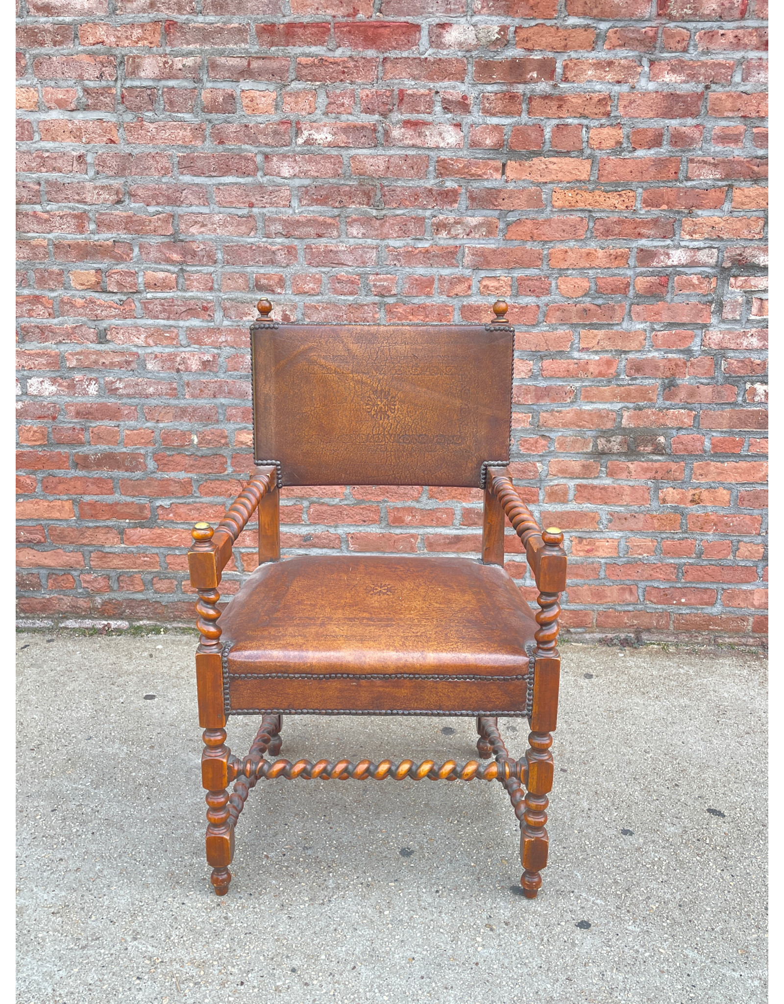 18th/ 19th Century Decorative Armchair with Nailed Brown Leather Armchair