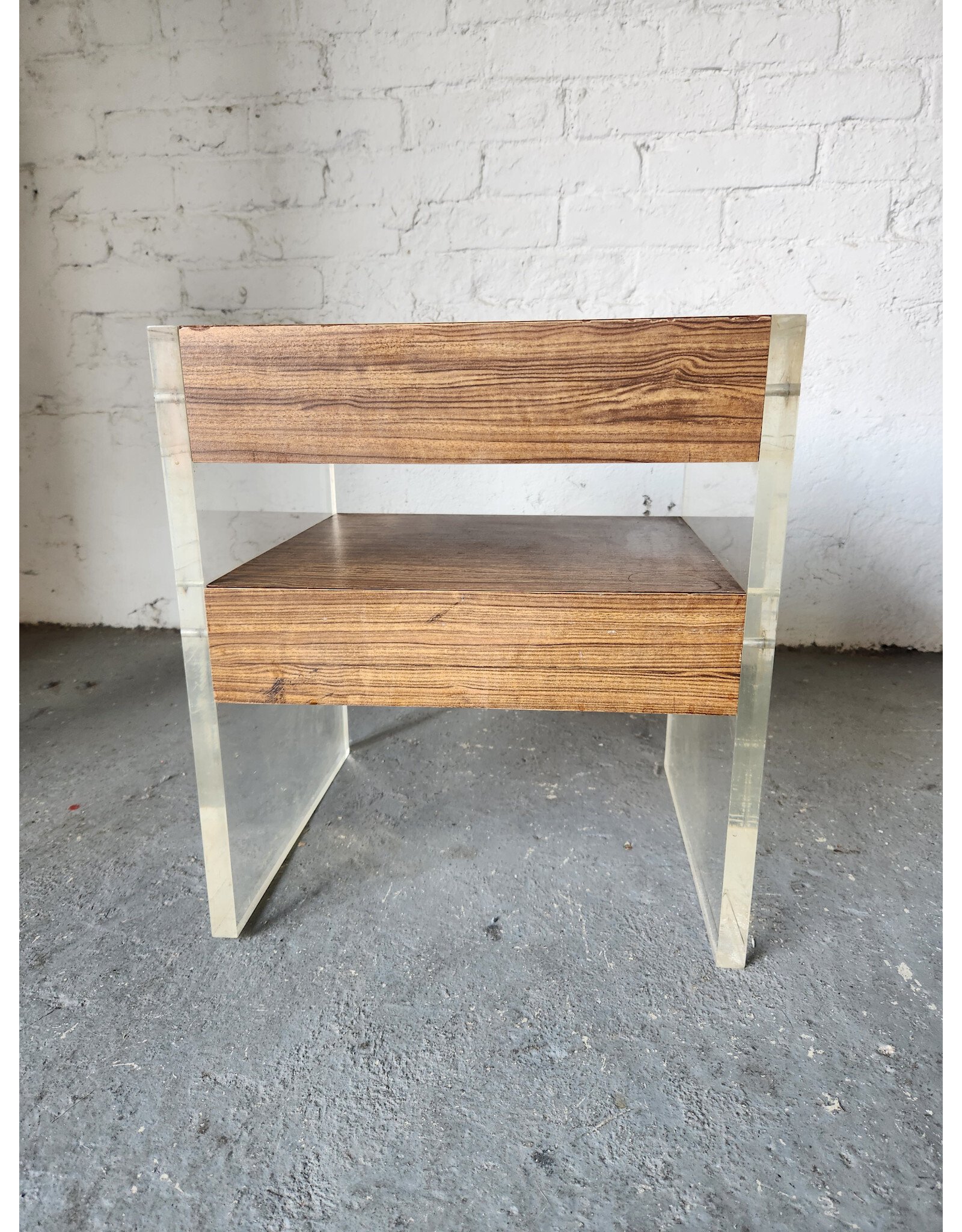 MCM Faux Wood and Lucite Two Drawer Side Table