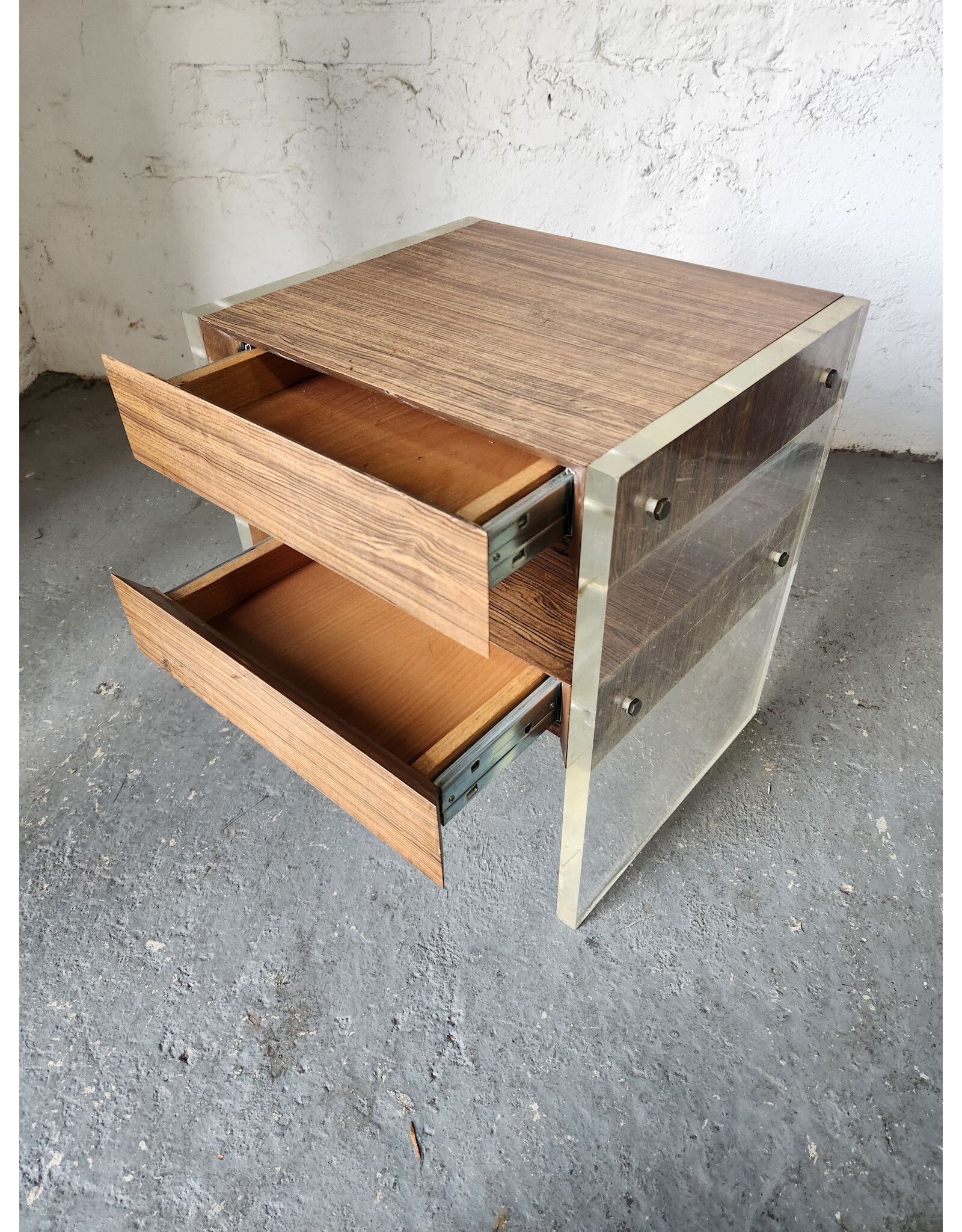 MCM Faux Wood and Lucite Two Drawer Side Table