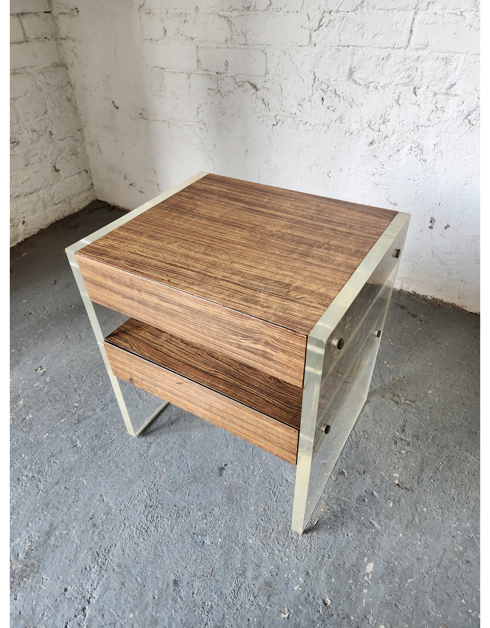 MCM Faux Wood and Lucite Two Drawer Side Table