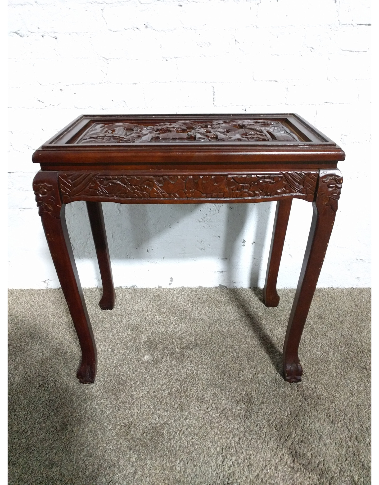 Carved Wood Oriental Style Mahogany Side Table