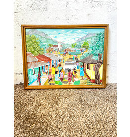 Framed Village Folk Art Painting, sgnd E. Castel '89