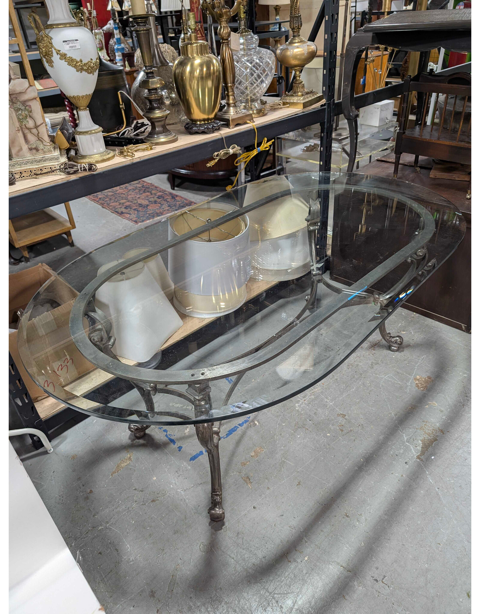 Oval Glass Top Ornate Metal Base Dining Table