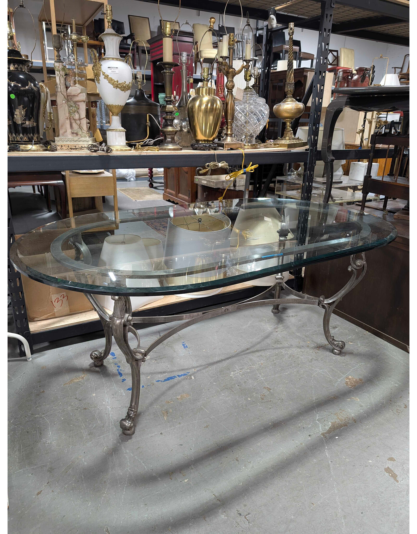 Oval Glass Top Ornate Metal Base Dining Table