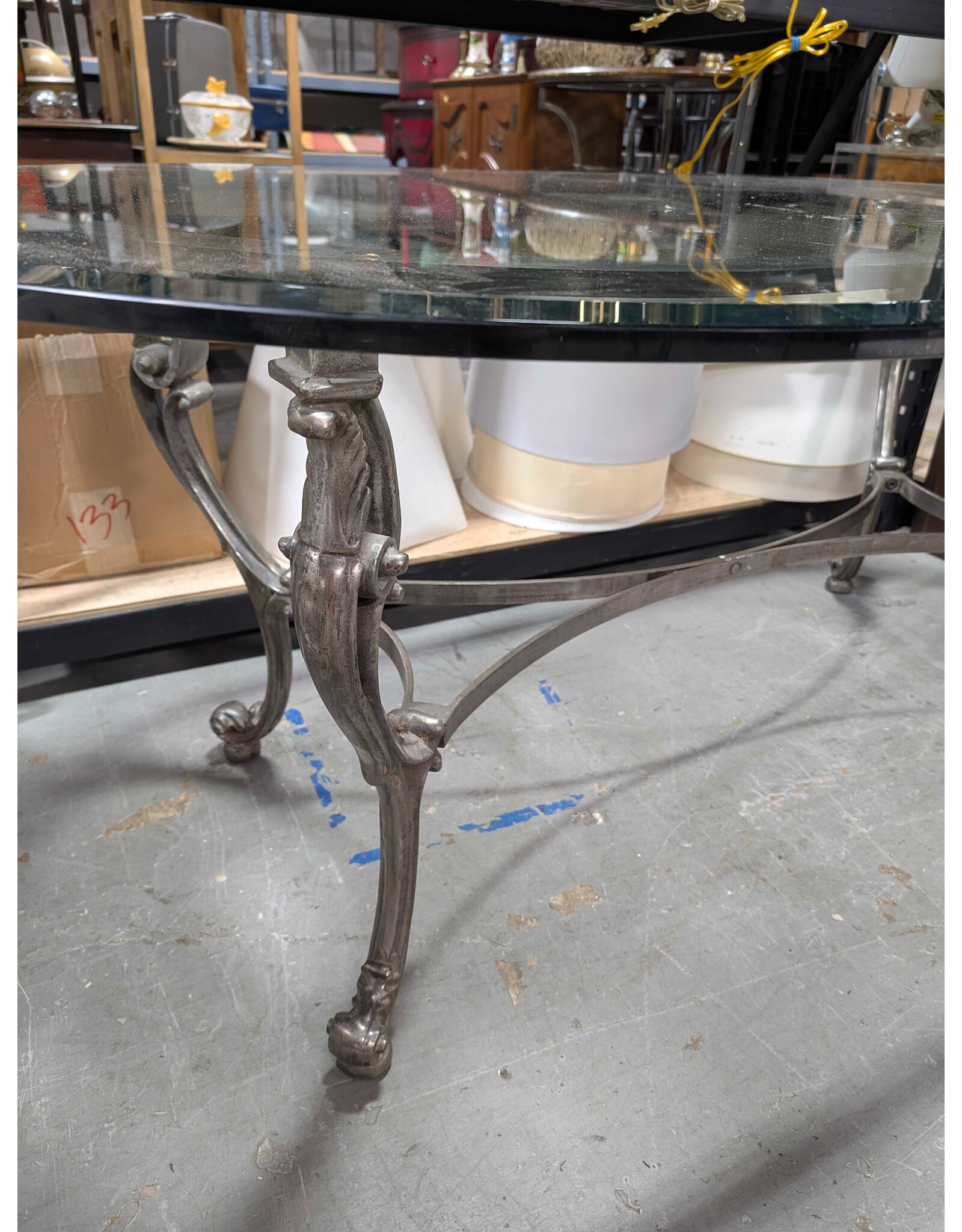 Oval Glass Top Ornate Metal Base Dining Table