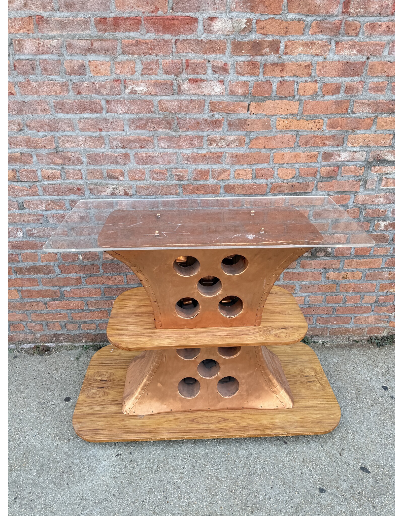 Custom Copper and Wood Holey Bar with Wine Storage