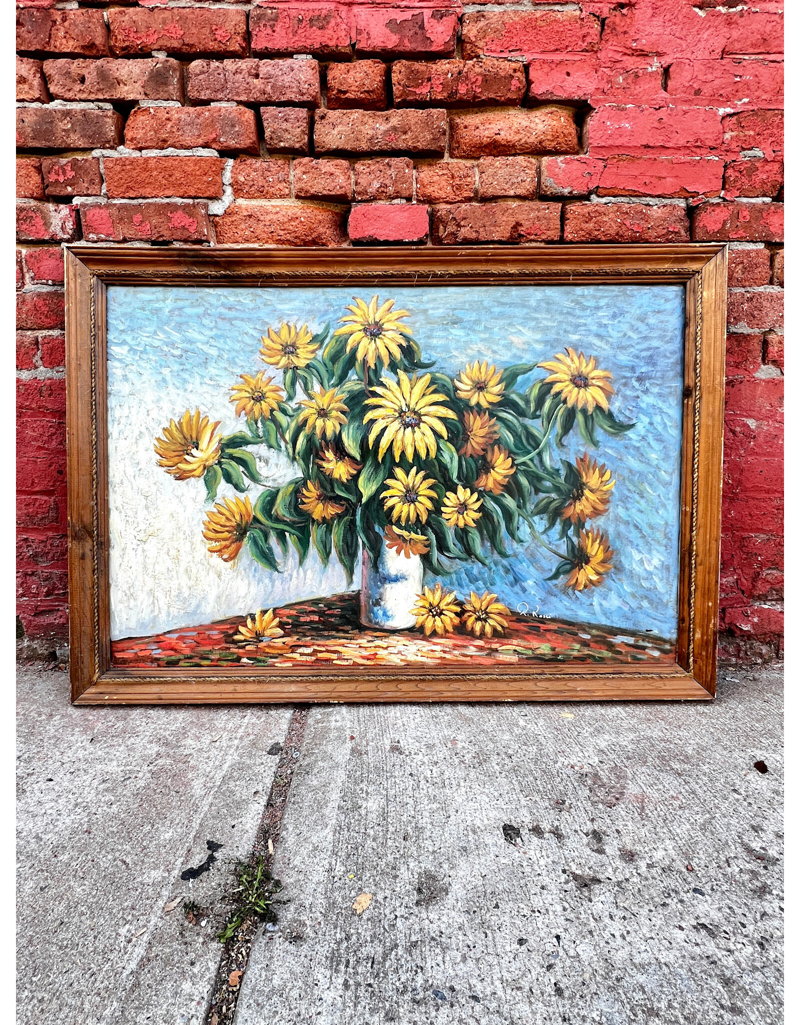 Vase of Sunflowers, framed oil on canvas, sgnd R. Rossi