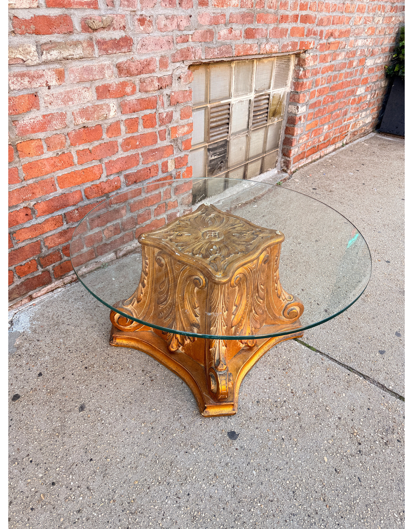 Hollywood Regency Style Wood Carved, Glass Top Coffee Table