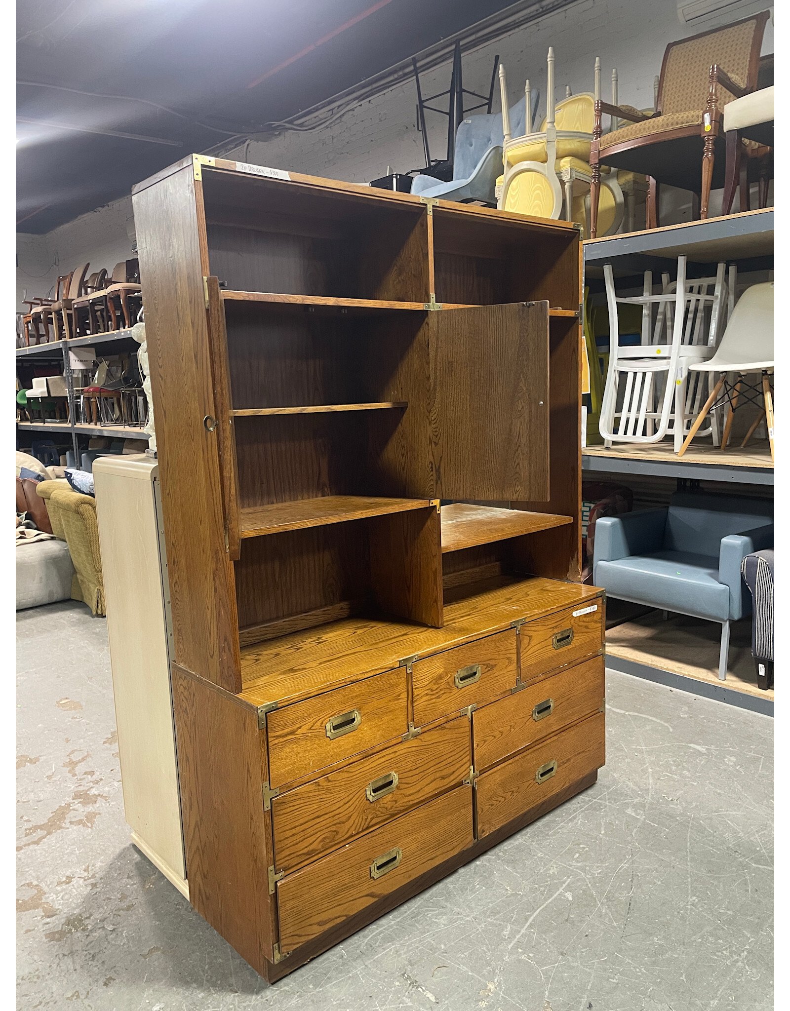 Vintage Bernhardt Campaign Style Mahogany Double Dresser Hutch Bookshelf Mirror