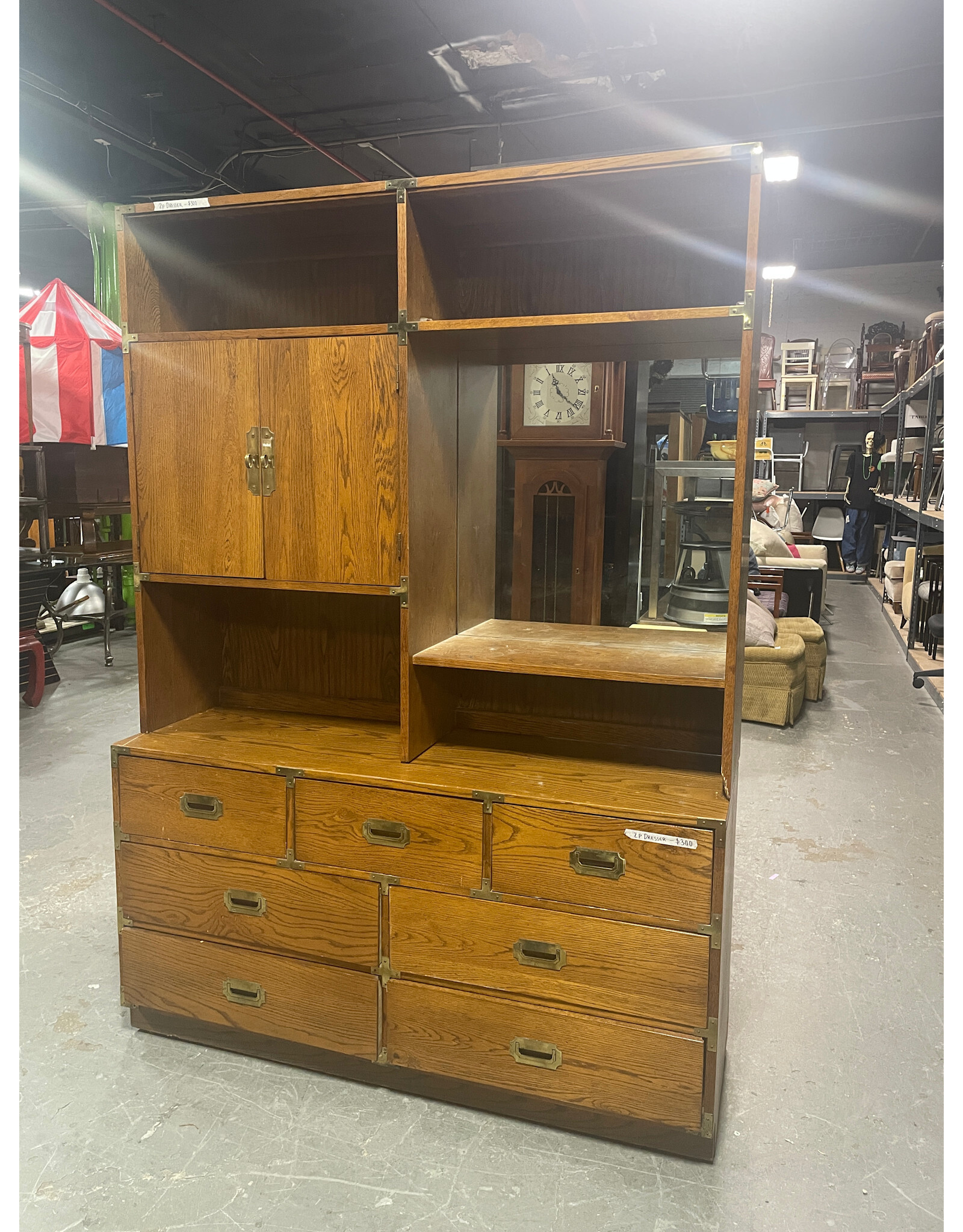 Vintage Bernhardt Campaign Style Mahogany Double Dresser Hutch Bookshelf Mirror