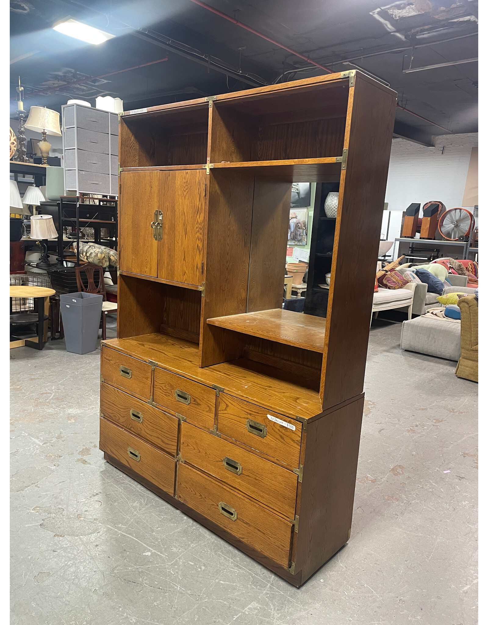 Vintage Bernhardt Campaign Style Mahogany Double Dresser Hutch Bookshelf Mirror