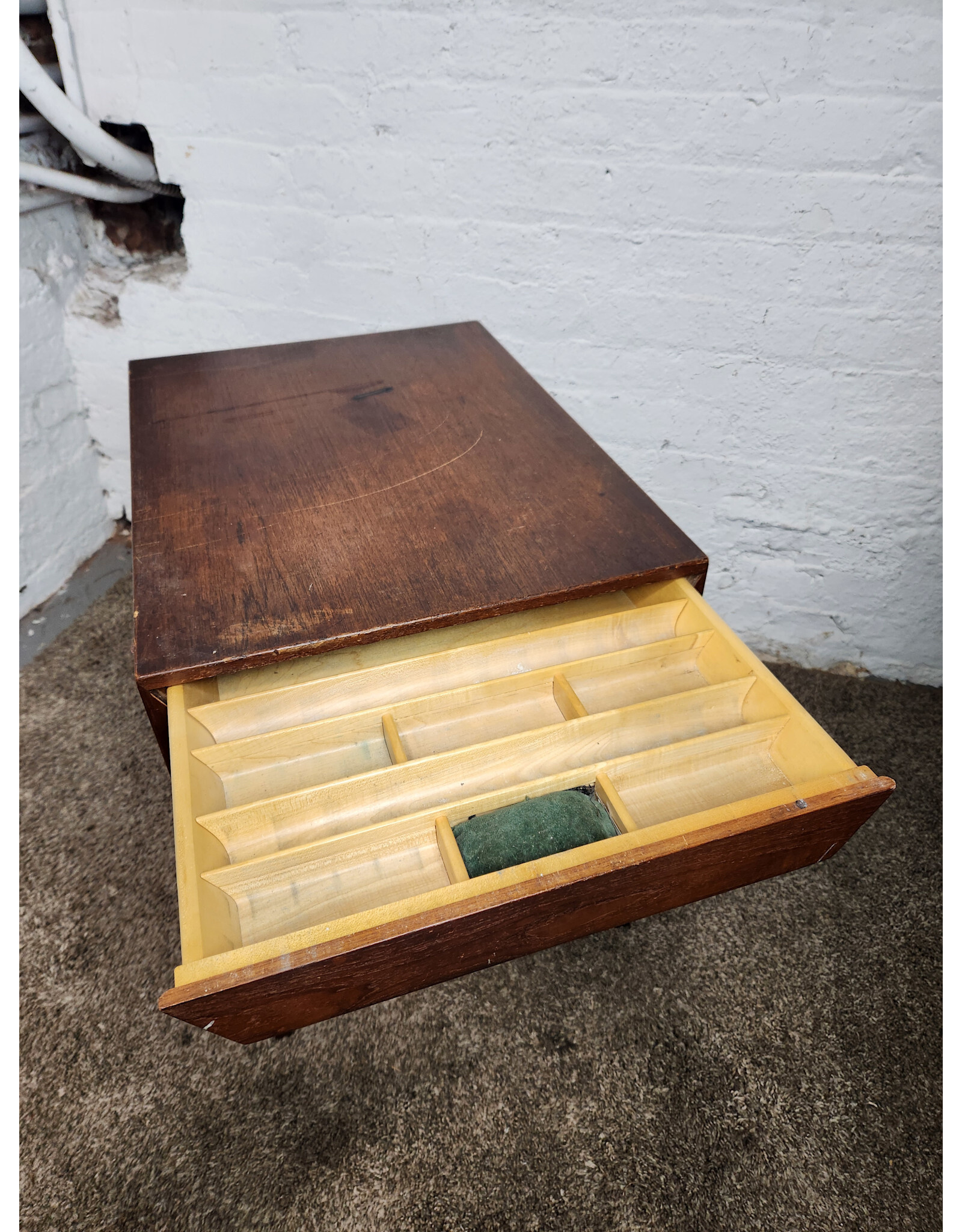 Wooden MCM Side Table with Sewing Drawer