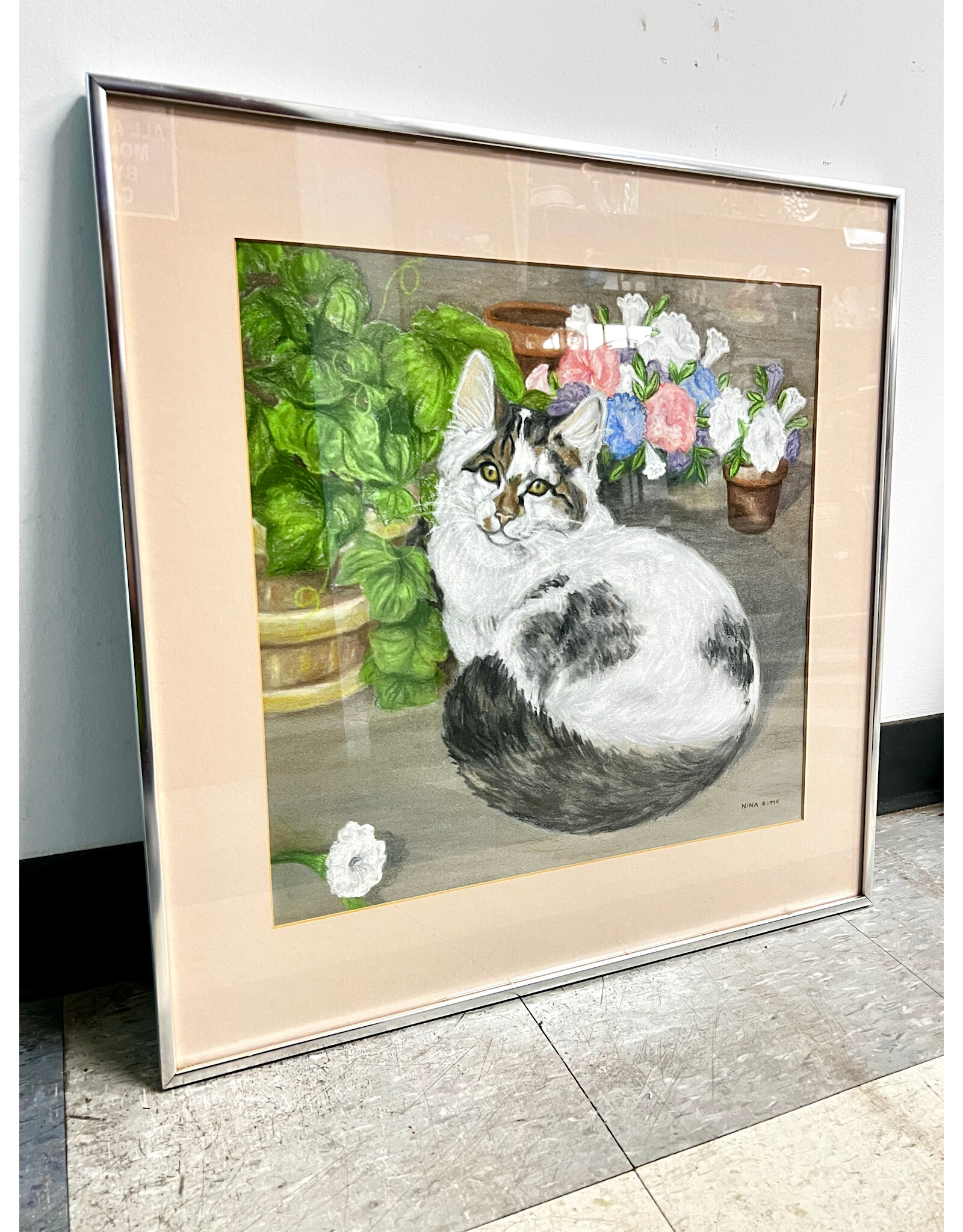 Pretty Kitty, framed drawing, sgnd Nina, 1979