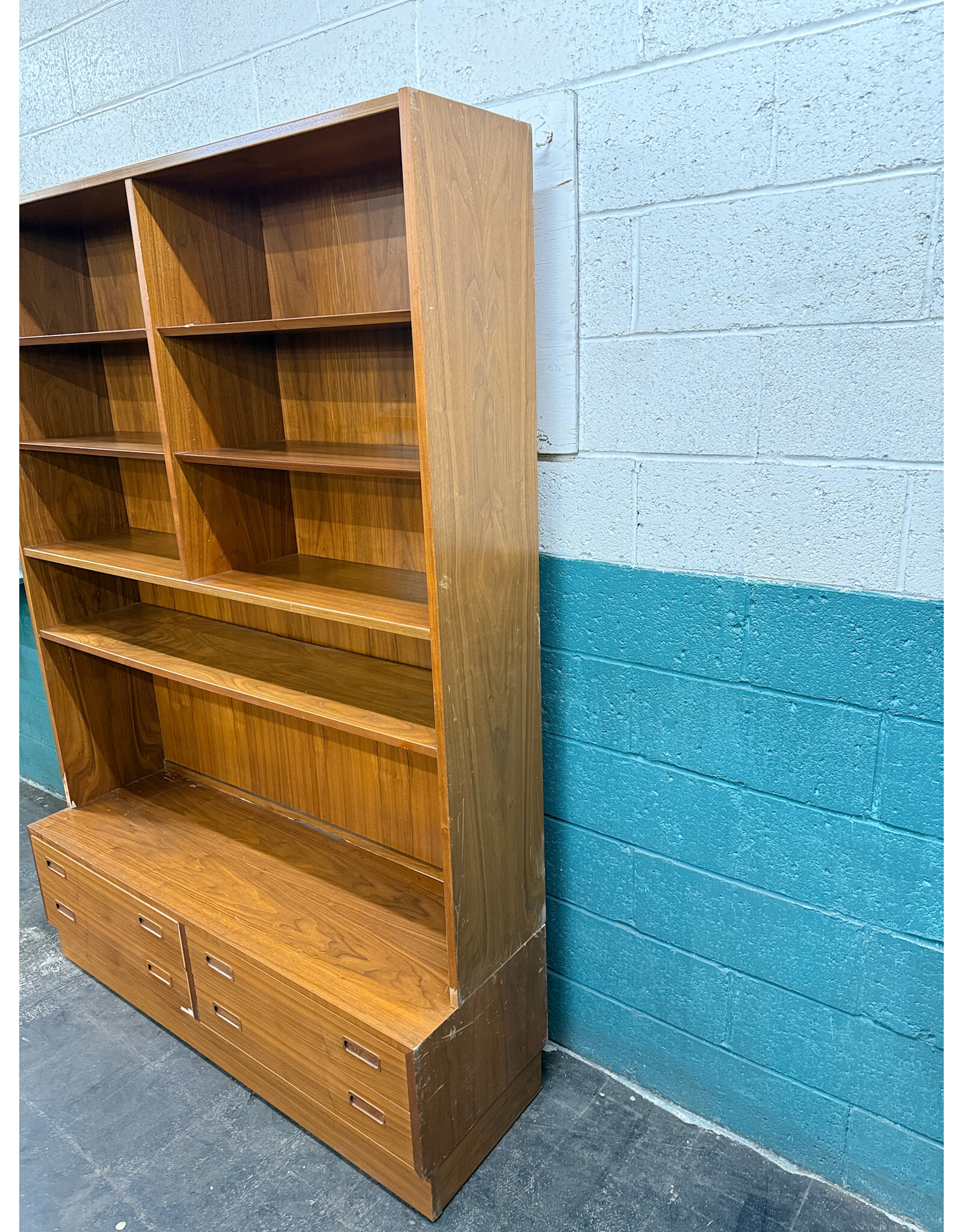 Maurice Villency Danish Modern Teak Bookcase, 4-Drawer Chest Base