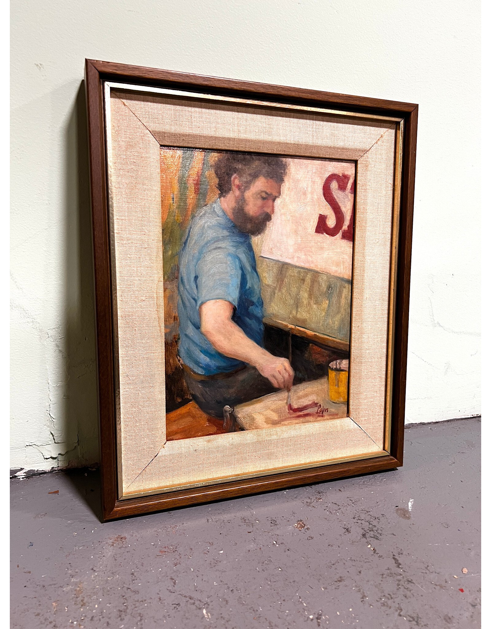 Sign Painter Painting A Sign, framed oil on canvas, sgnd Palin