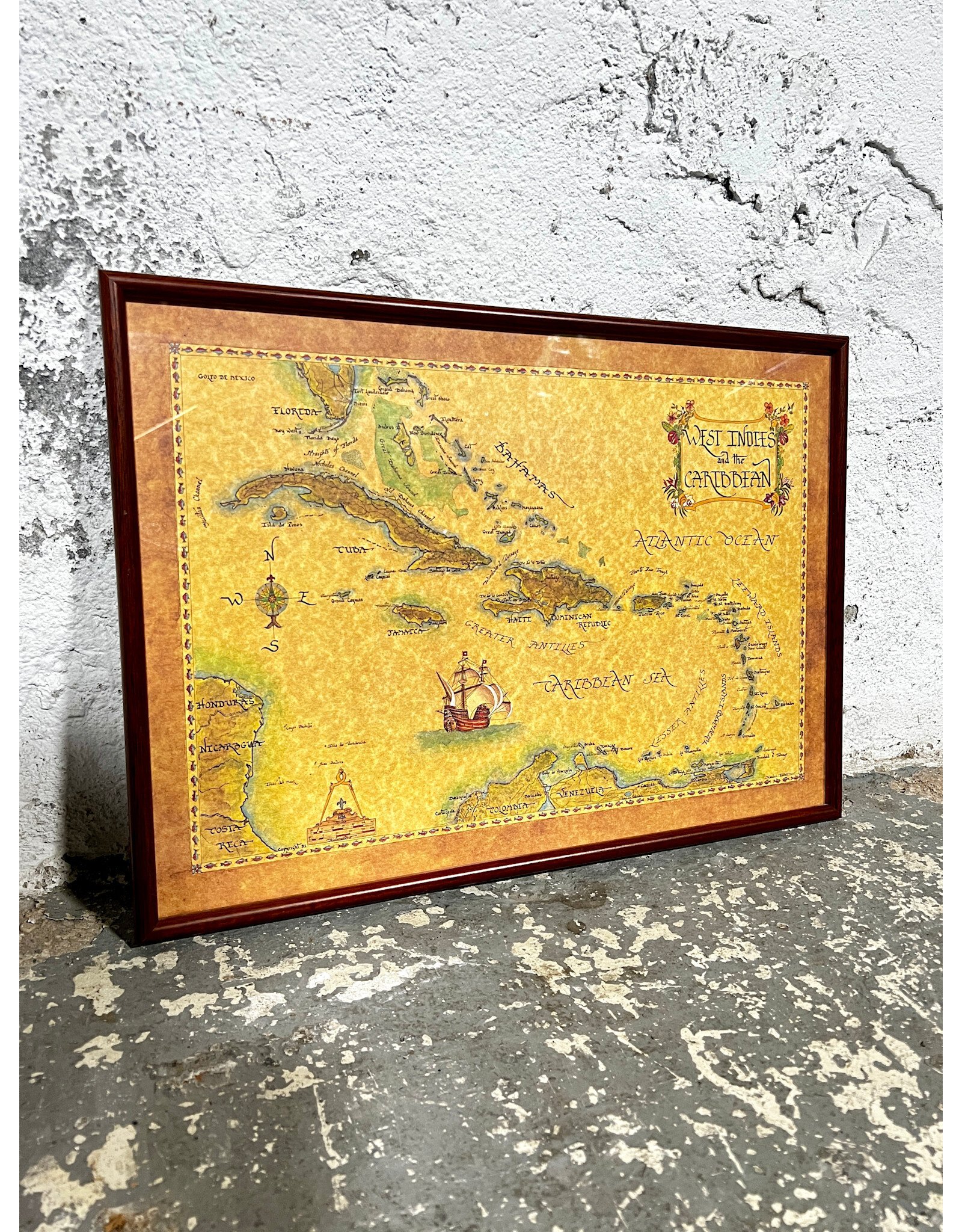 Framed West Indies and Caribbean Map