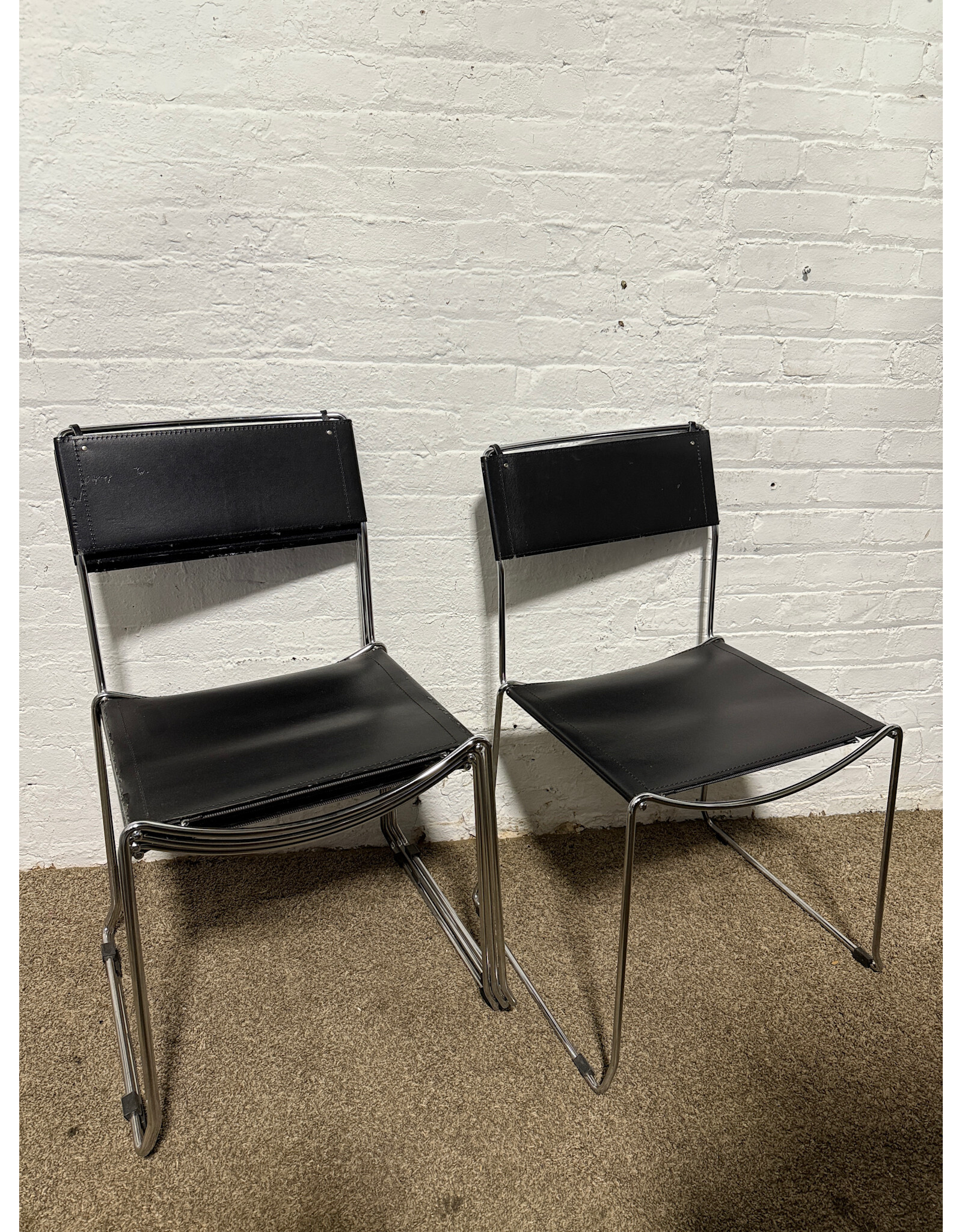 Giandomenico Belotti Style Stackable Chrome and Leather Dining Chair