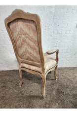 Louis XV Style Carved Pickled Oak Pink Ikat Upholstered Armchair