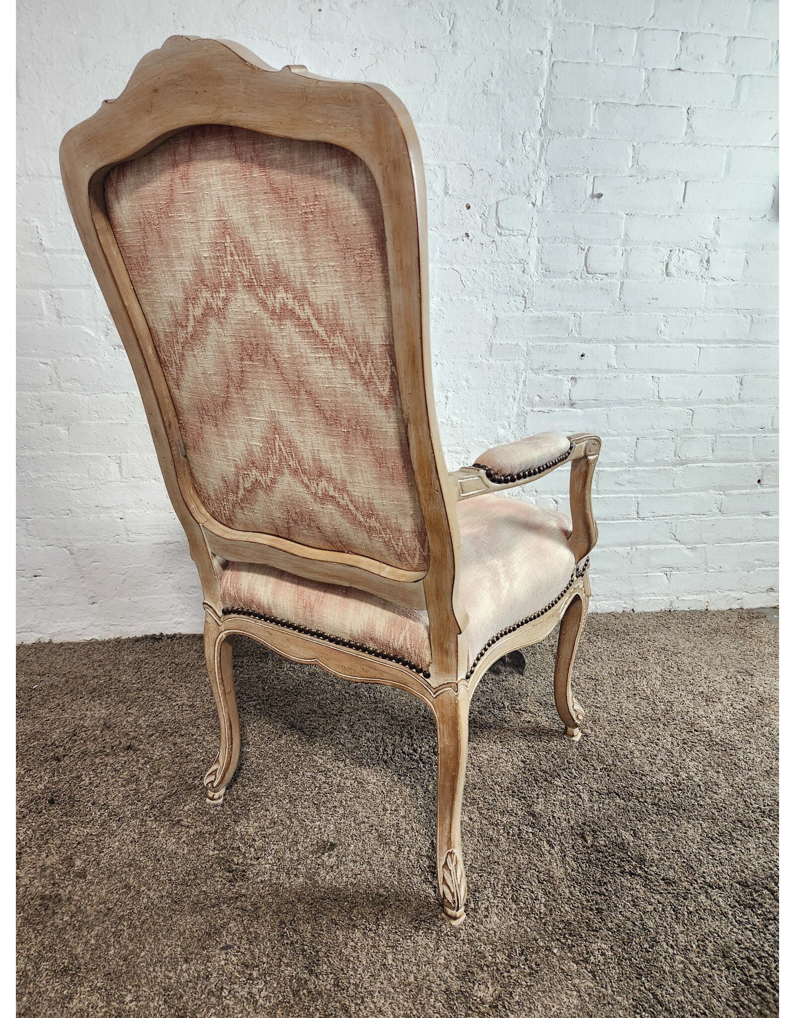 Louis XV Style Carved Pickled Oak Pink Ikat Upholstered Armchair