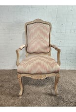 Louis XV Style Carved Pickled Oak Pink Ikat Upholstered Armchair