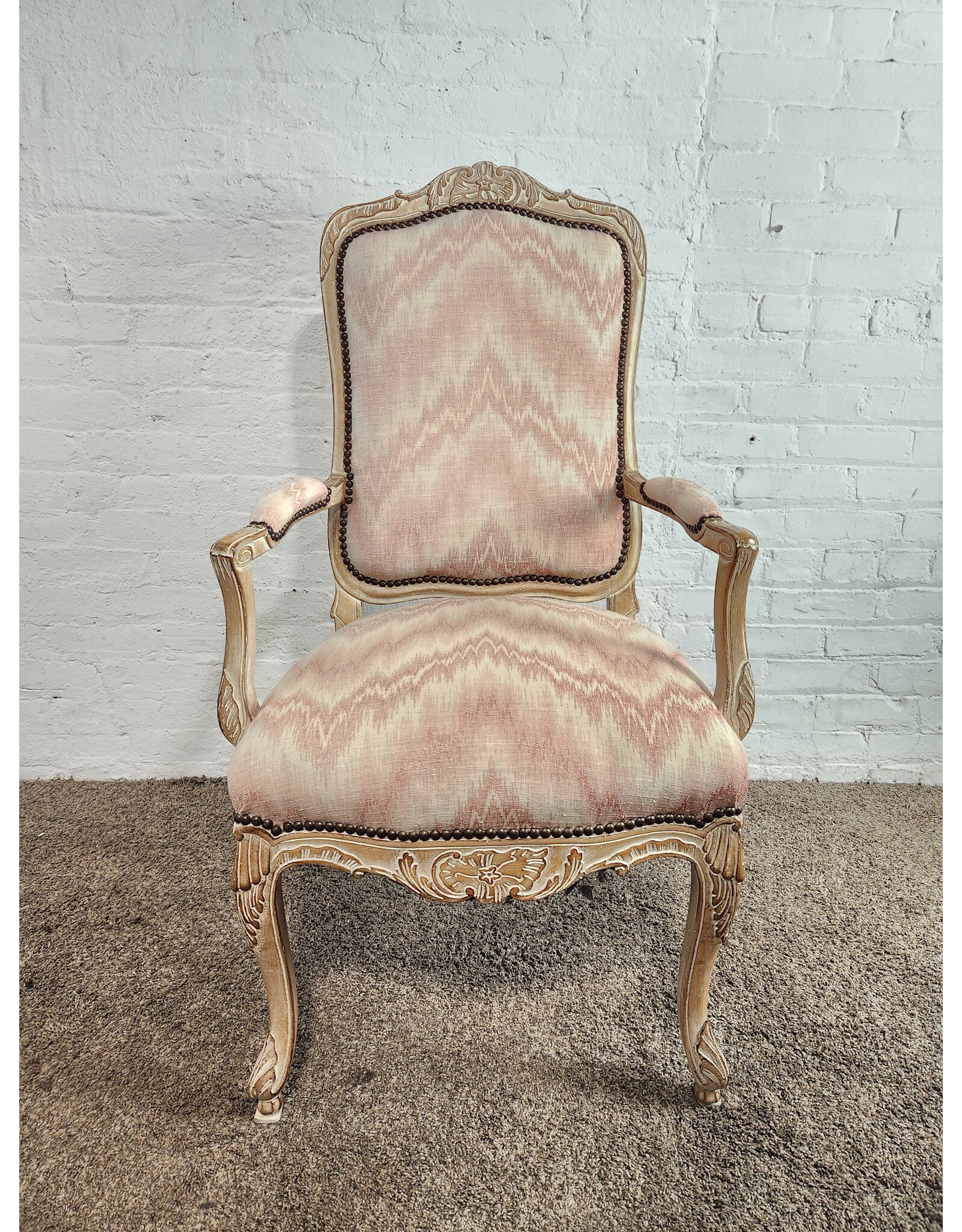 Louis XV Style Carved Pickled Oak Pink Ikat Upholstered Armchair