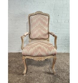 Louis XV Style Carved Pickled Oak Pink Ikat Upholstered Armchair