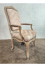 Louis XV Style Carved Pickled Oak Pink Ikat Upholstered Armchair