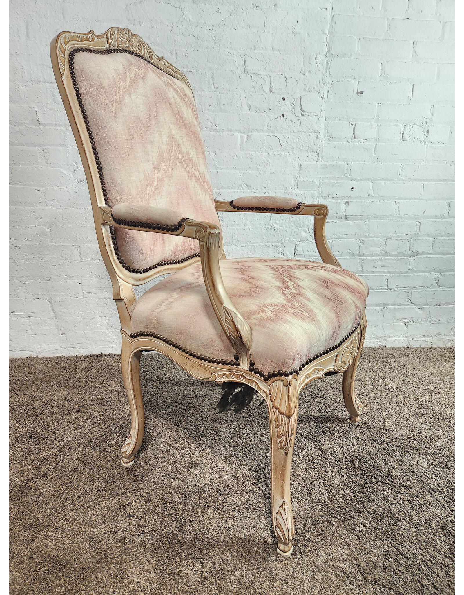 Louis XV Style Carved Pickled Oak Pink Ikat Upholstered Armchair