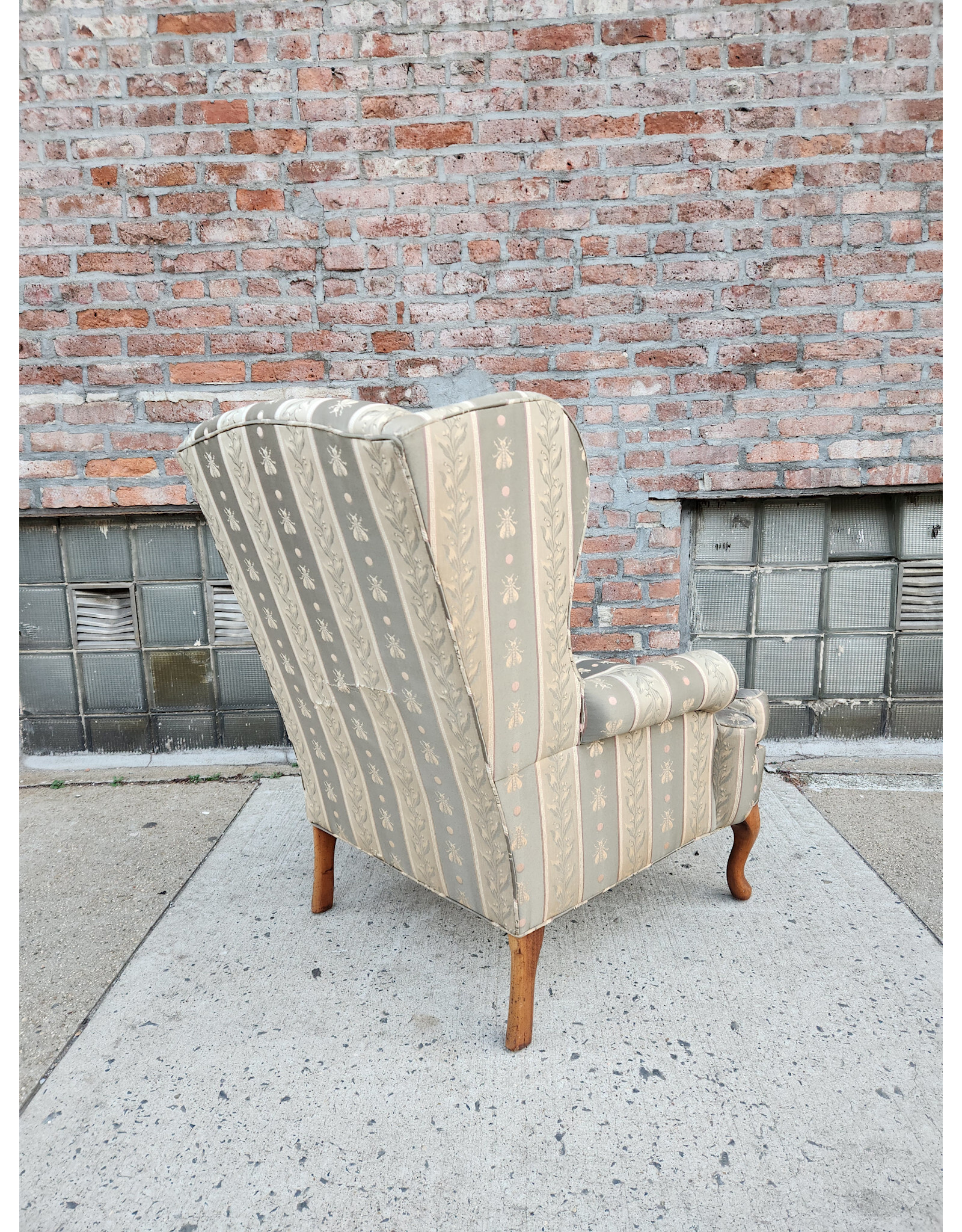 Chippendale Style Wingback Green Stripes and Bees Upholstered Armchair