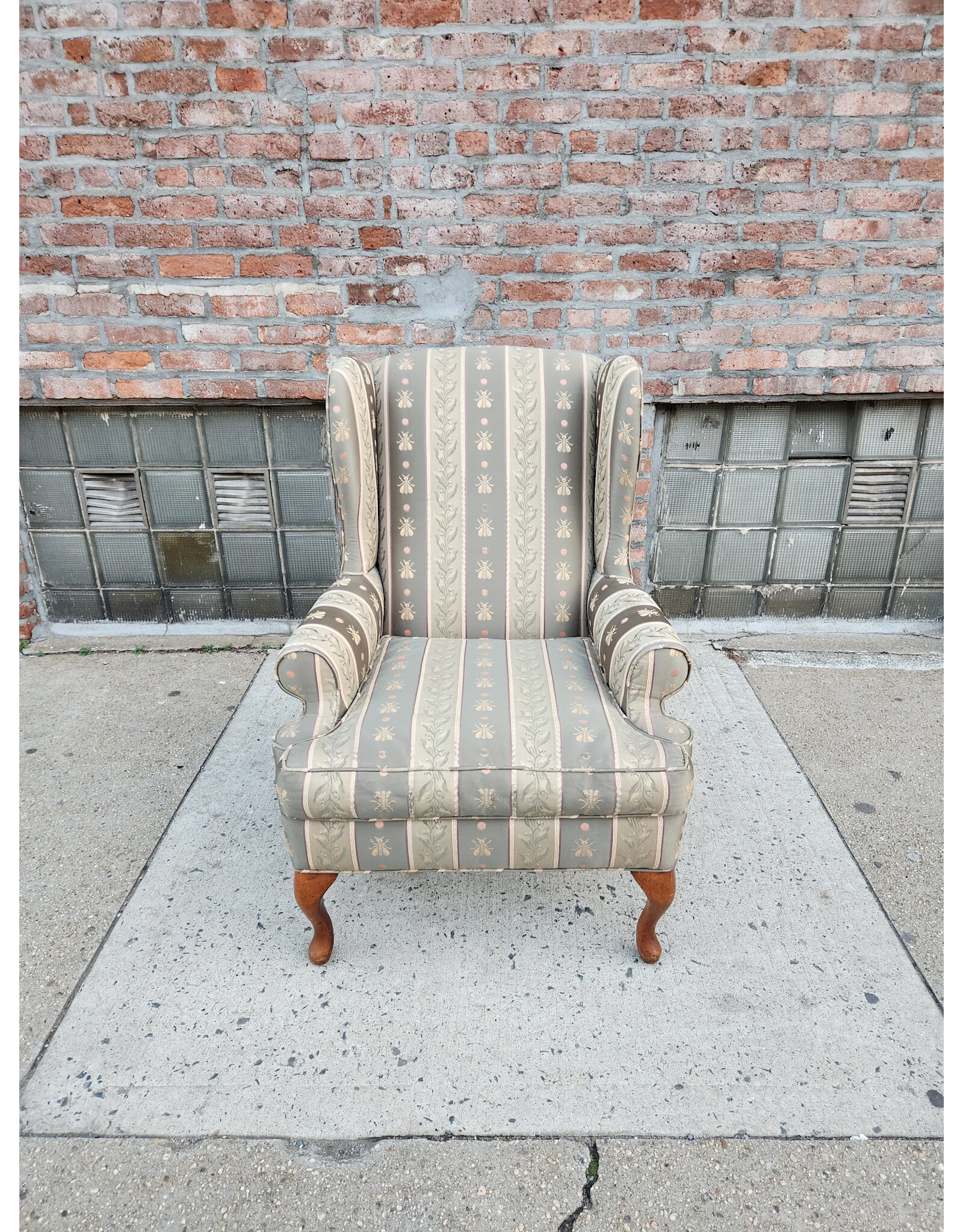 Chippendale Style Wingback Green Stripes and Bees Upholstered Armchair