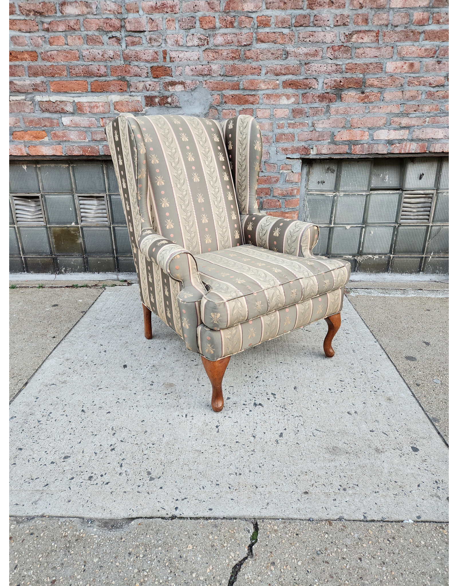 Chippendale Style Wingback Green Stripes and Bees Upholstered Armchair