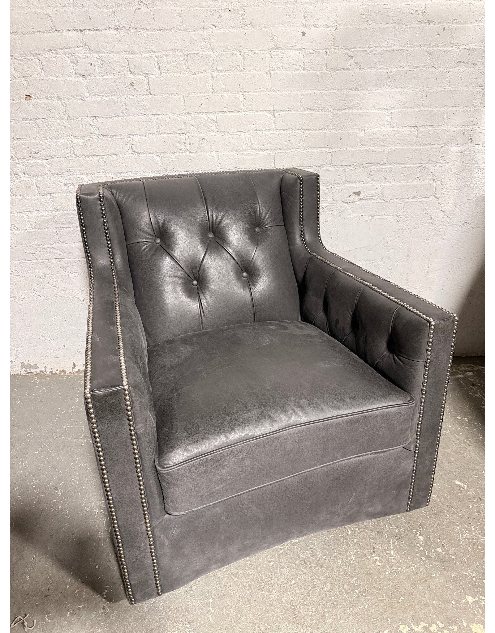 Bernhardt Bernhardt Tufted Swivel Grey Lounge Chair with Nail Head Trim