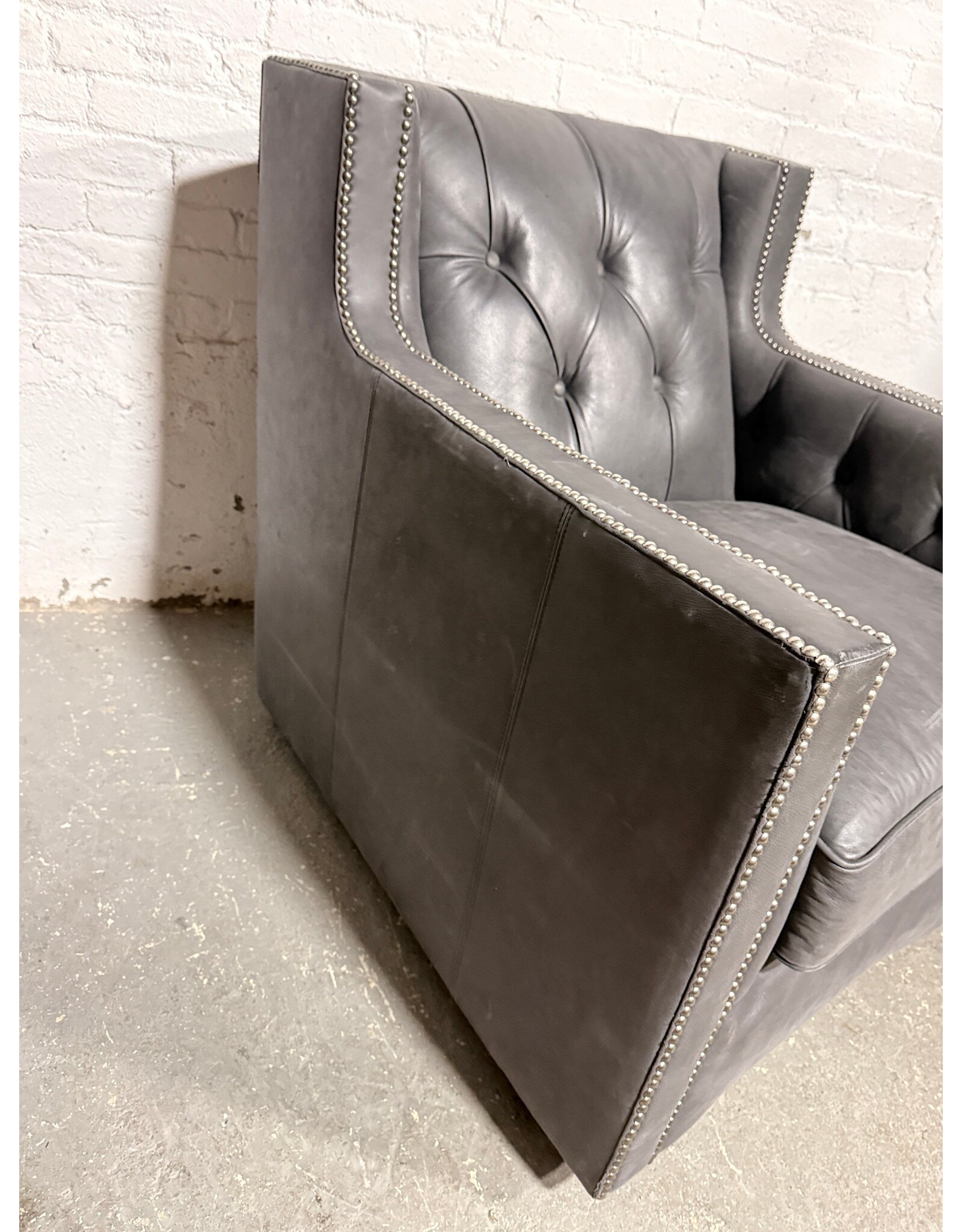 Bernhardt Bernhardt Tufted Swivel Grey Lounge Chair with Nail Head Trim