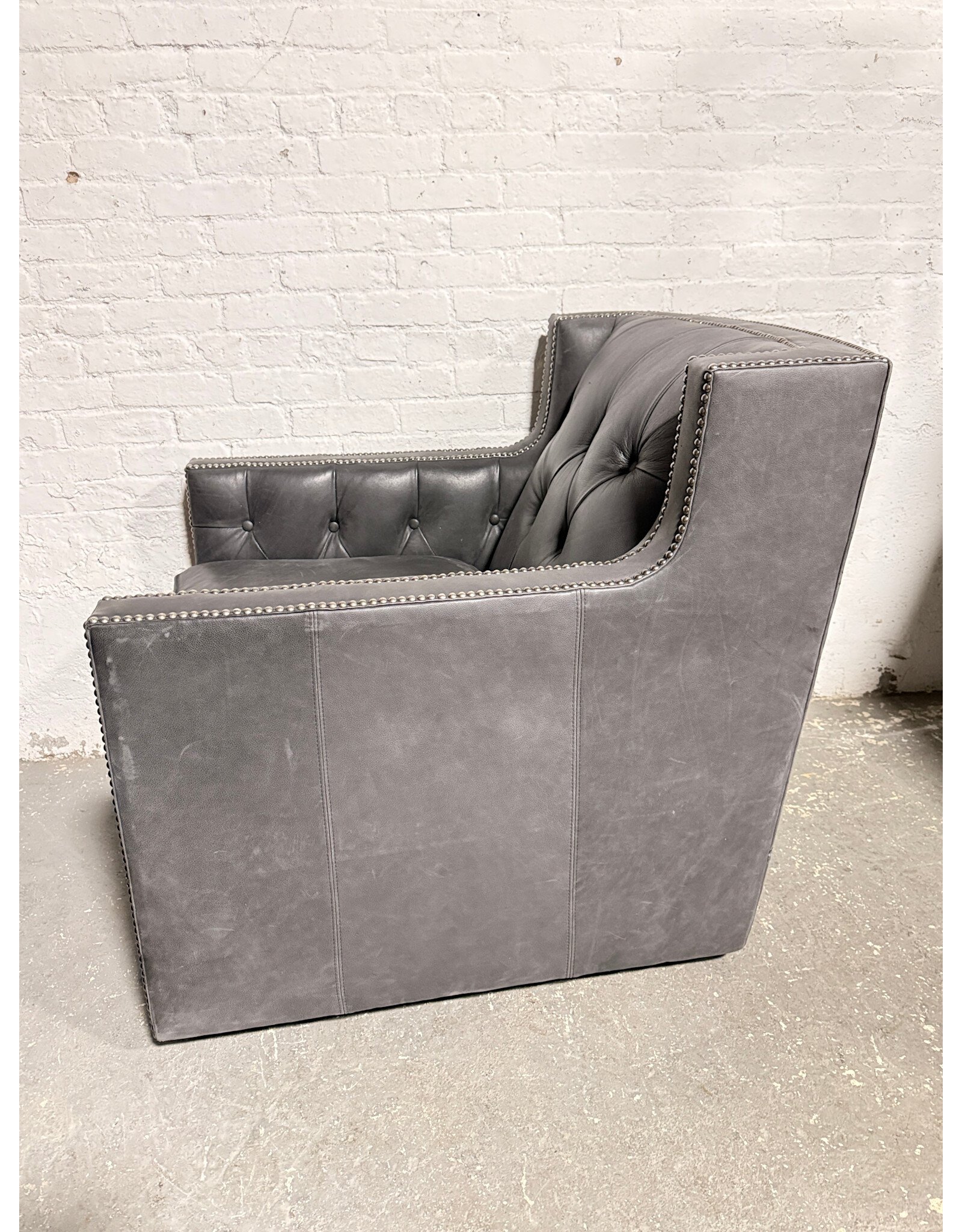 Bernhardt Bernhardt Tufted Swivel Grey Lounge Chair with Nail Head Trim