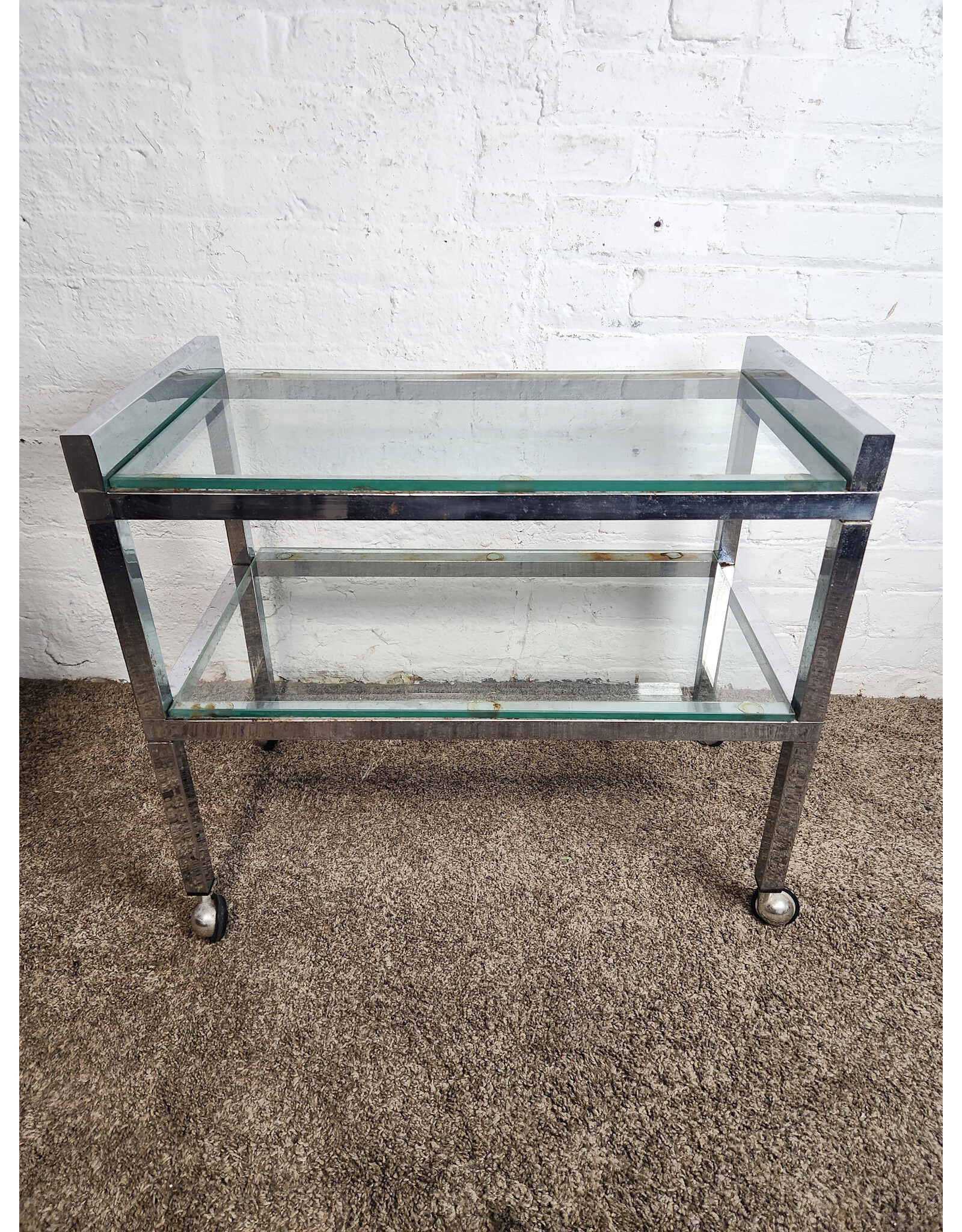 MCM Low Chrome and Glass Rolling Cart