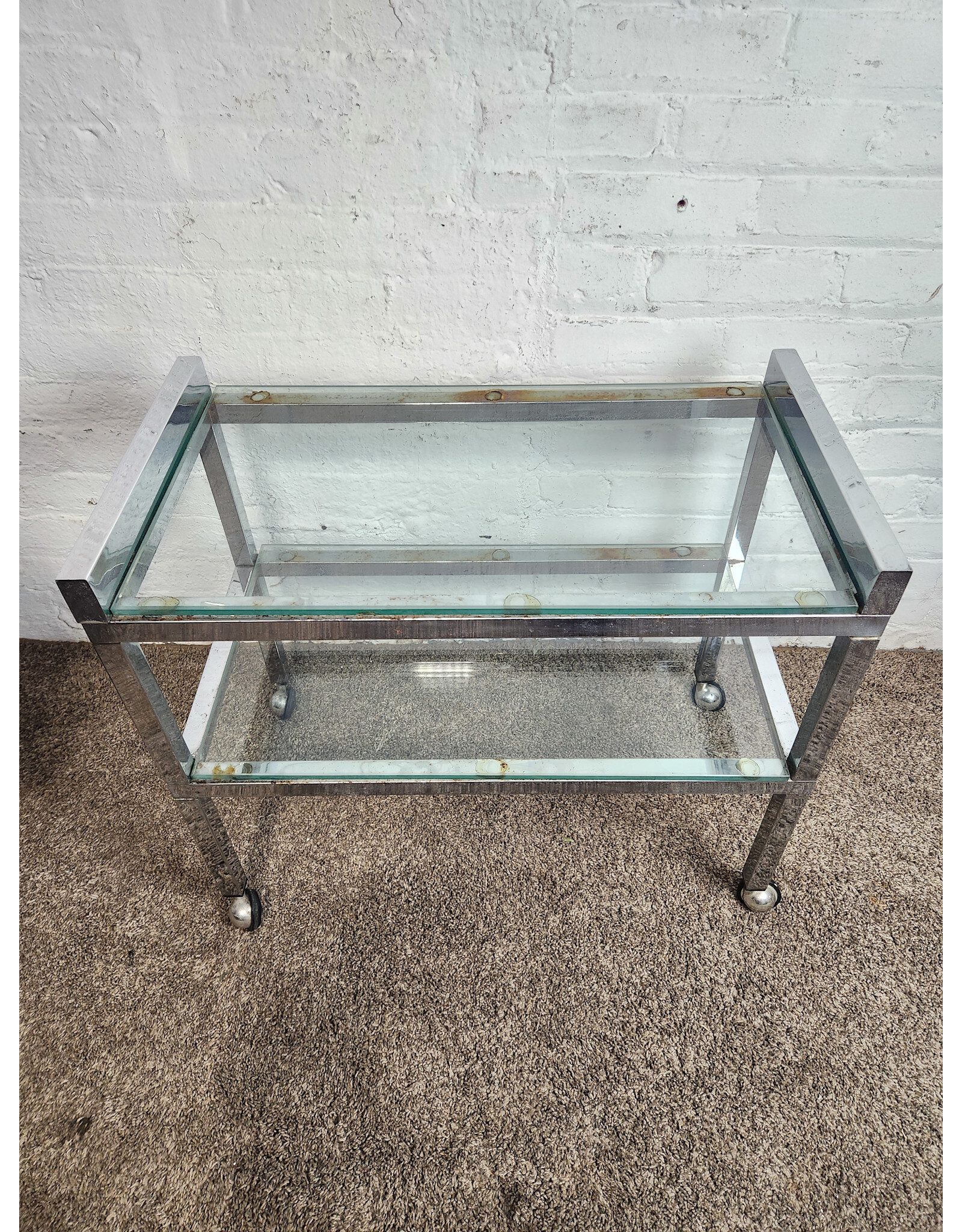 MCM Low Chrome and Glass Rolling Cart