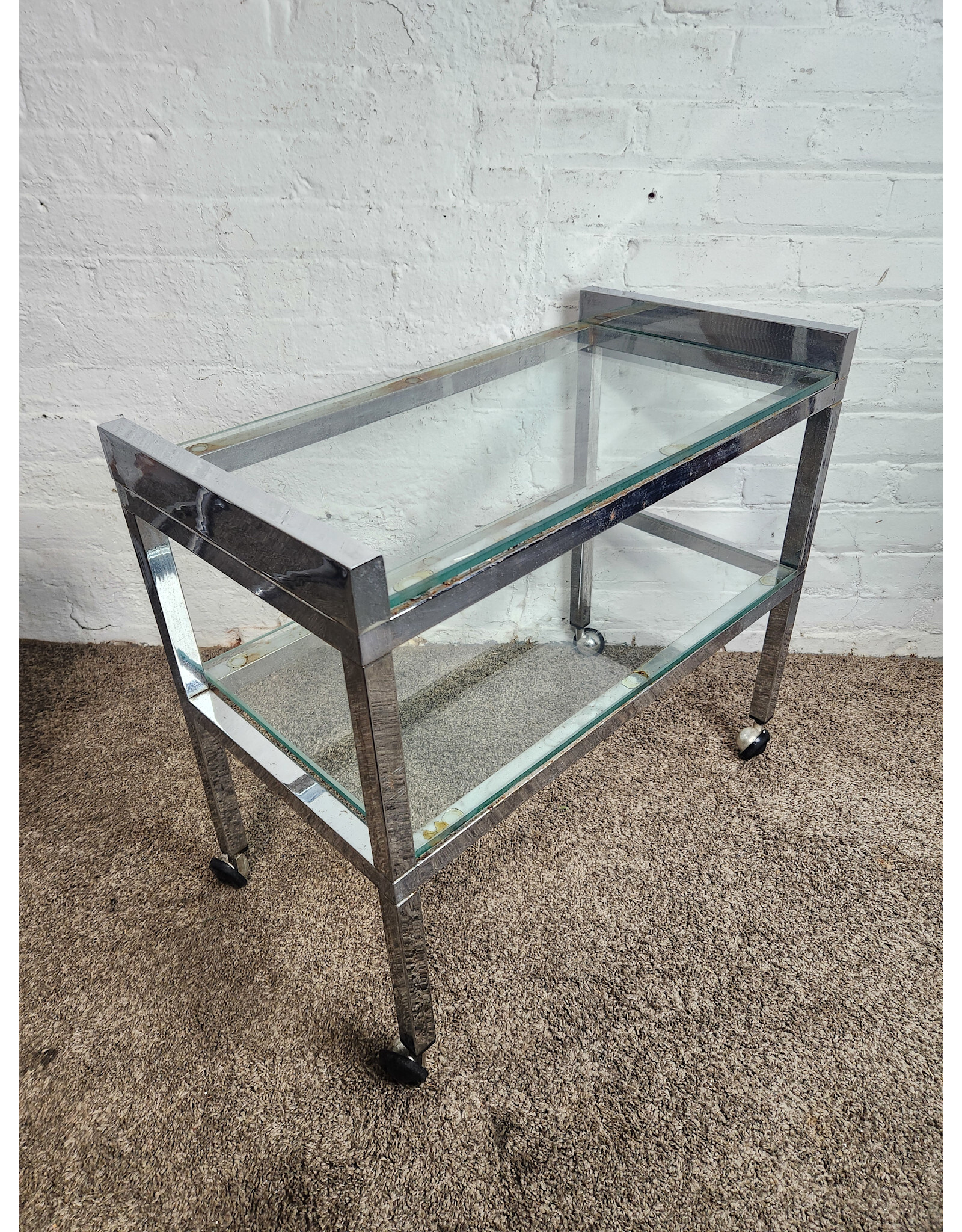 MCM Low Chrome and Glass Rolling Cart