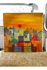 The City at Sunset, framed oil on canvas, sgnd West