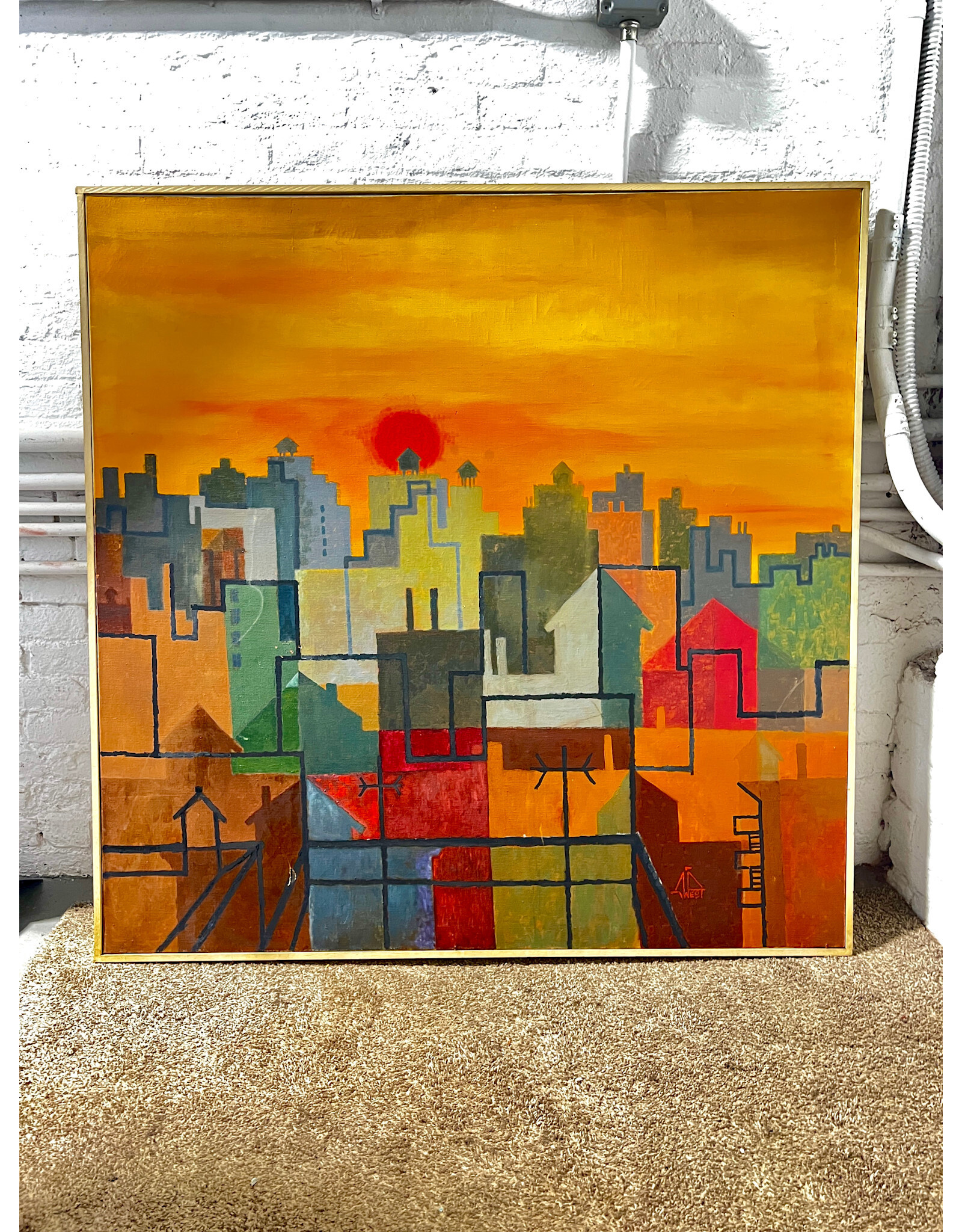 The City at Sunset, framed oil on canvas, sgnd West