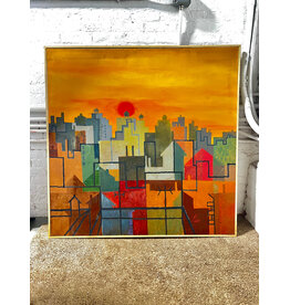 The City at Sunset, framed oil on canvas, sgnd West