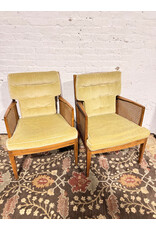 mid-century modern walnut and cane lounge chair with chartreuse velvet upholstery