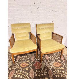 mid-century modern walnut and cane lounge chair with chartreuse velvet upholstery