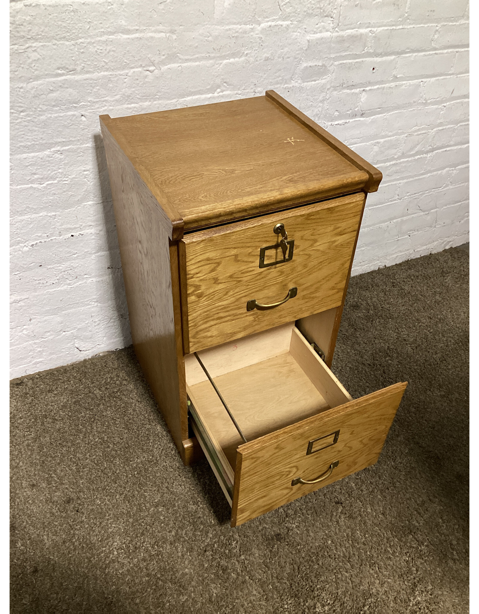 Vintage Two-Drawer Locking Wood Filing Cabinet