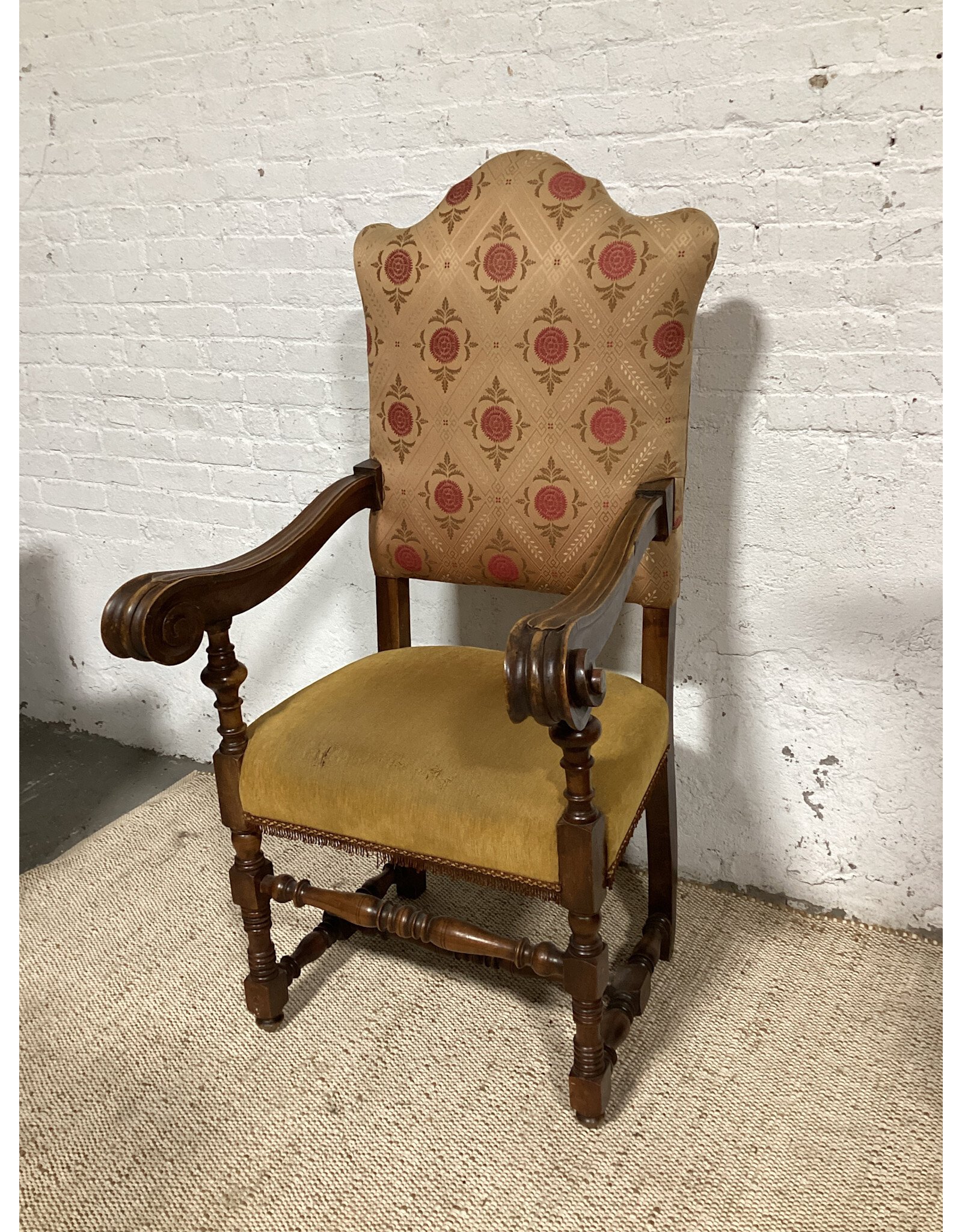 Louis XIII Style Upholstered Carved Walnut Armchair