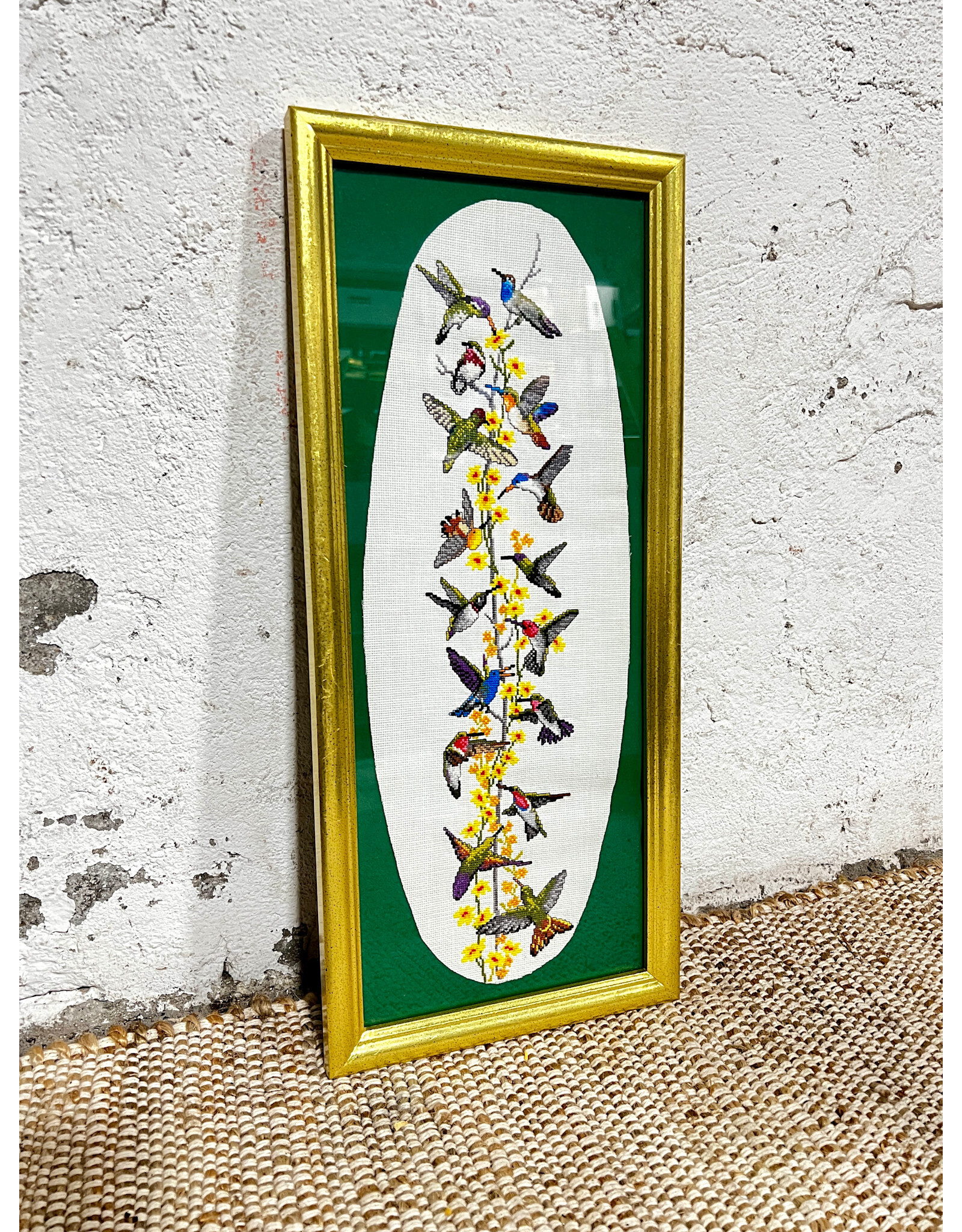 Hummingbirds, framed vintage needlepoint