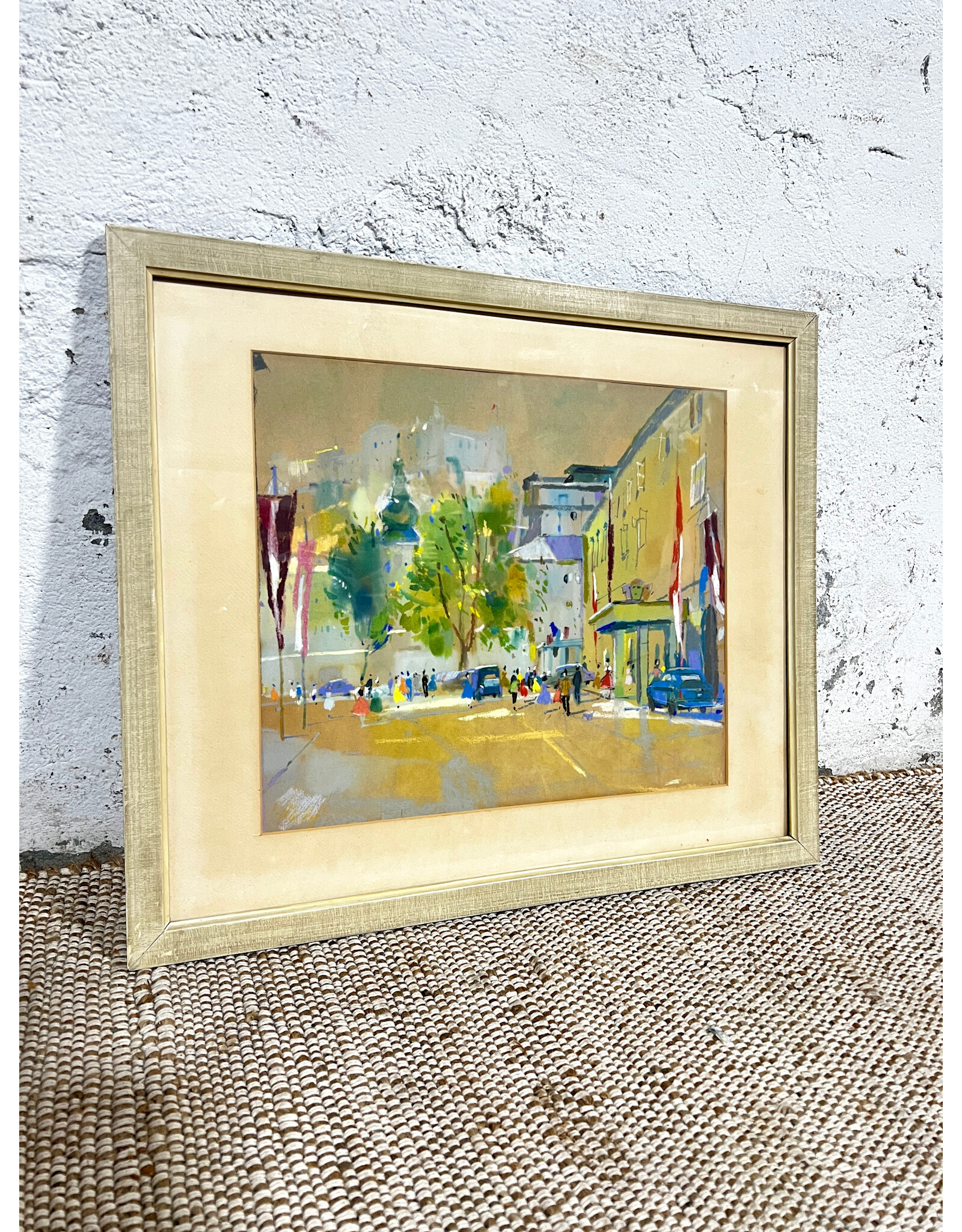 Bustling Street, framed mixed media