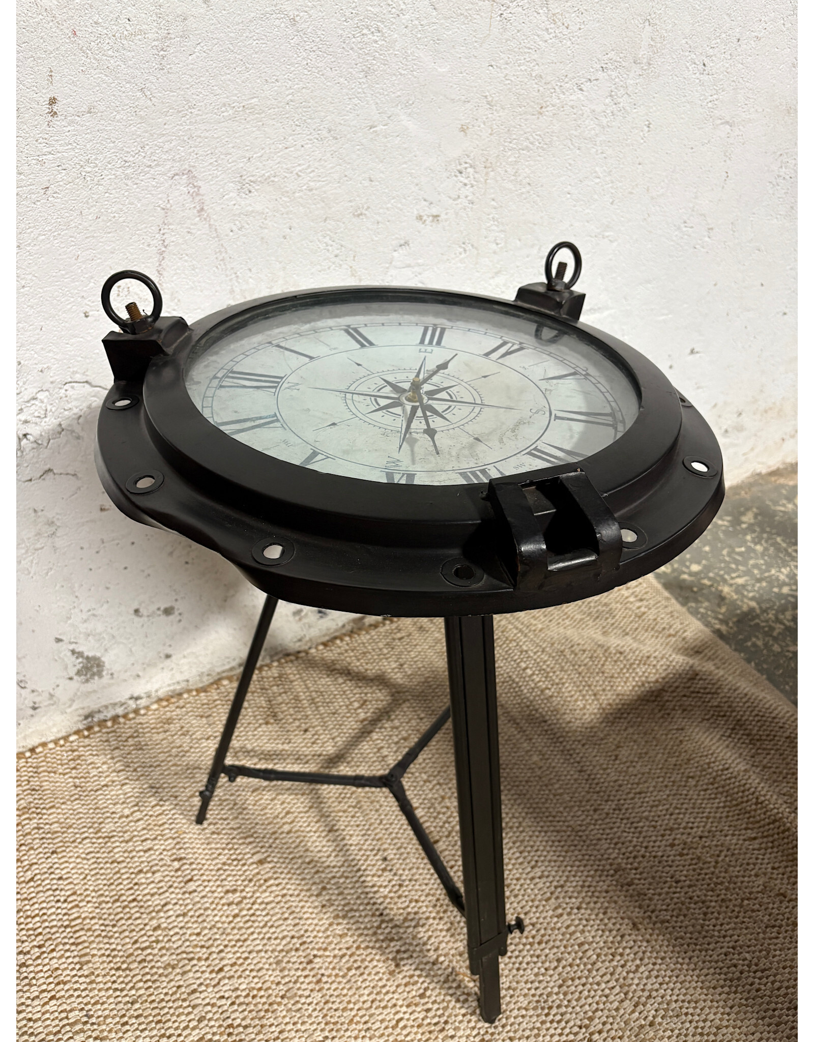 Industrial Metal Round Clock End Table
