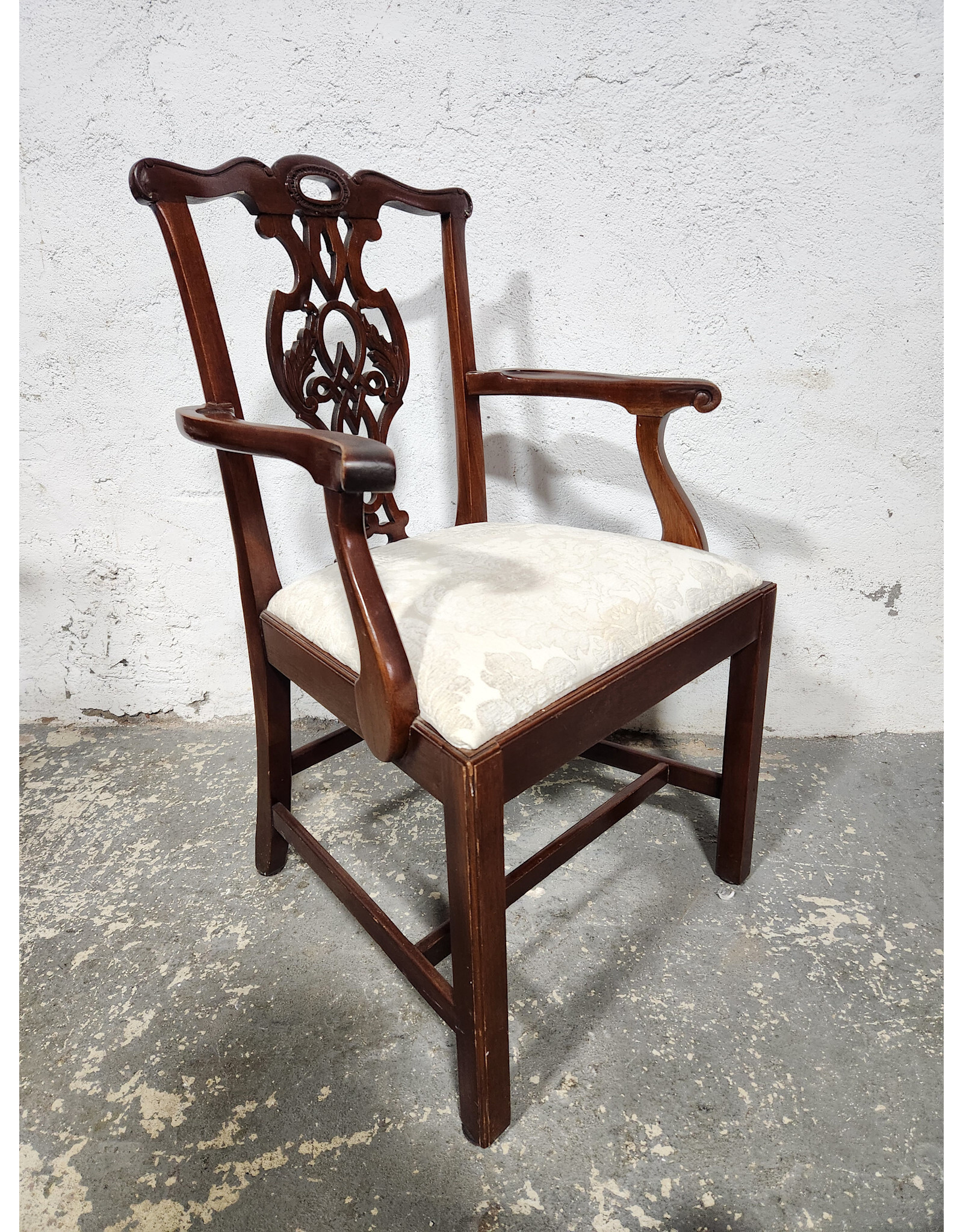 Baker Furniture Historic Charleston Reproduction Carved Mahogany Upholstered Seat Dining Chair with Arms