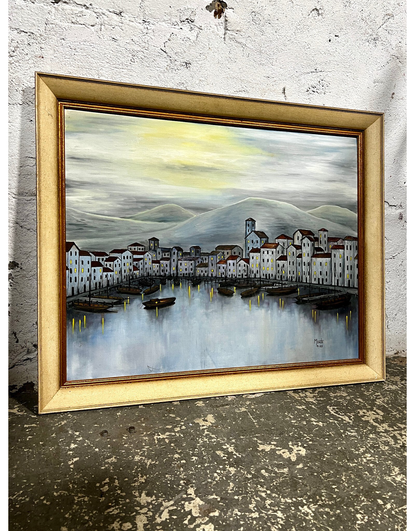 Port of Italy, framed oil on canvas, sgnd Monte 4-65
