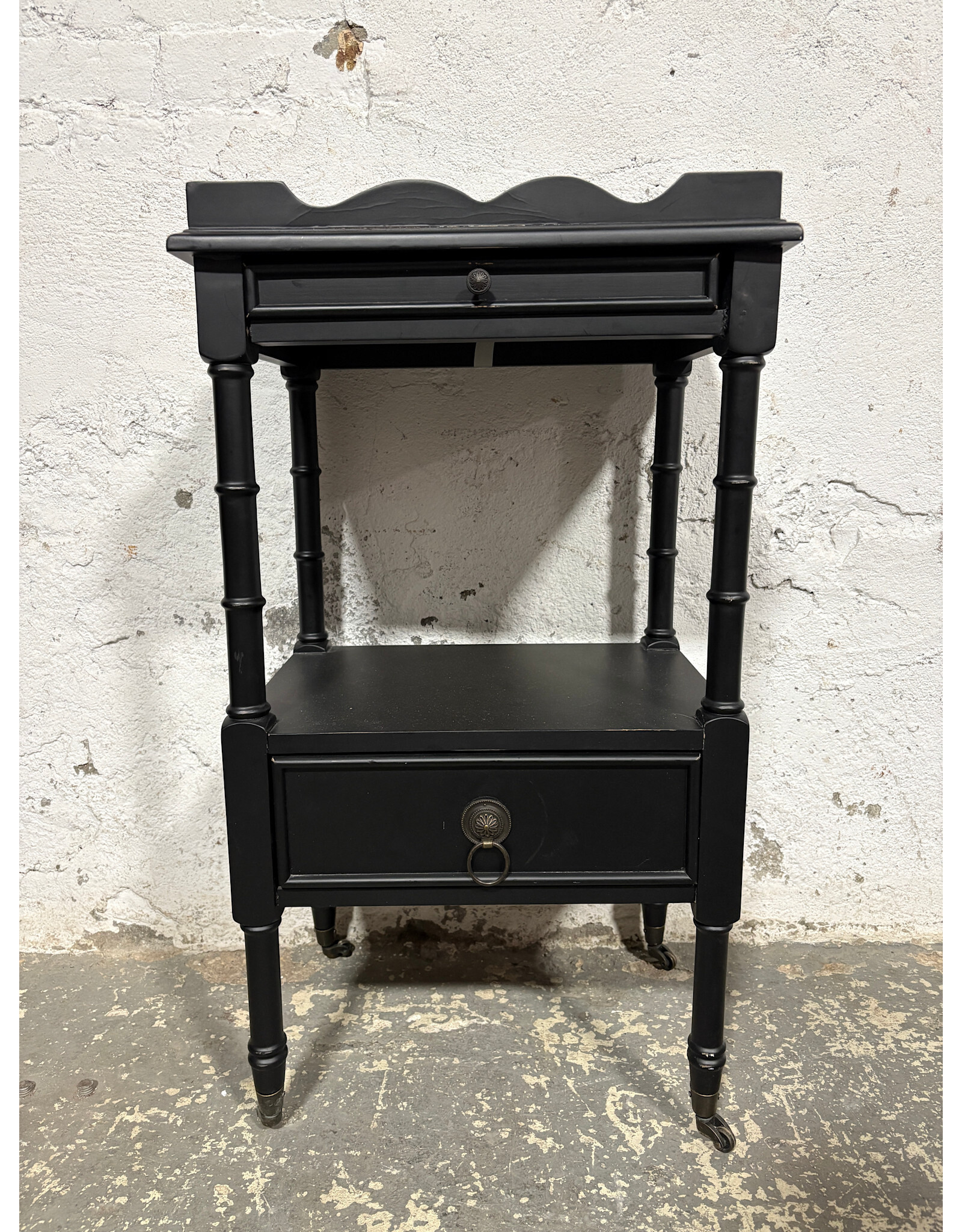 Black Two-Tier Wood Side Table on Wheels